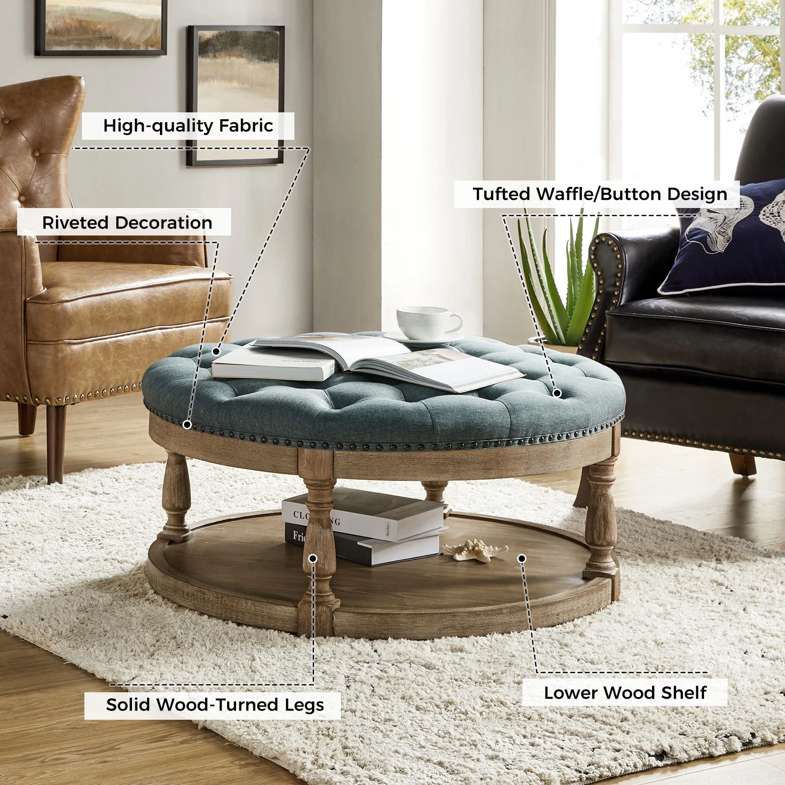 36'' Wide Blue Round Large Ottoman Tufted Coffee Table with Storage Wood Legs Home Living Room