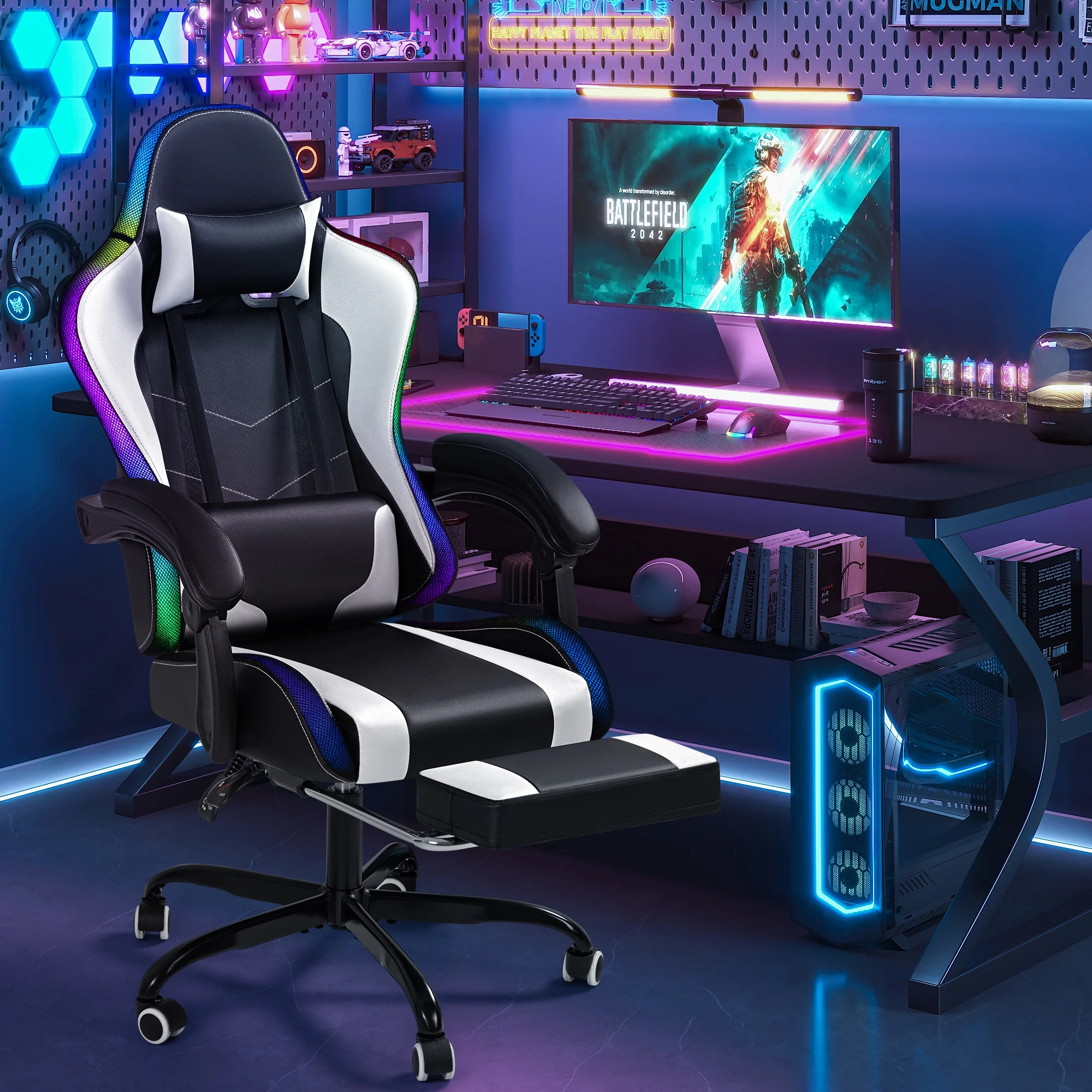Homall RGB Gaming Chair with Massage and LED Lights Ergonomic Computer Chair with Footrest & Adjustable Lumbar Support, White