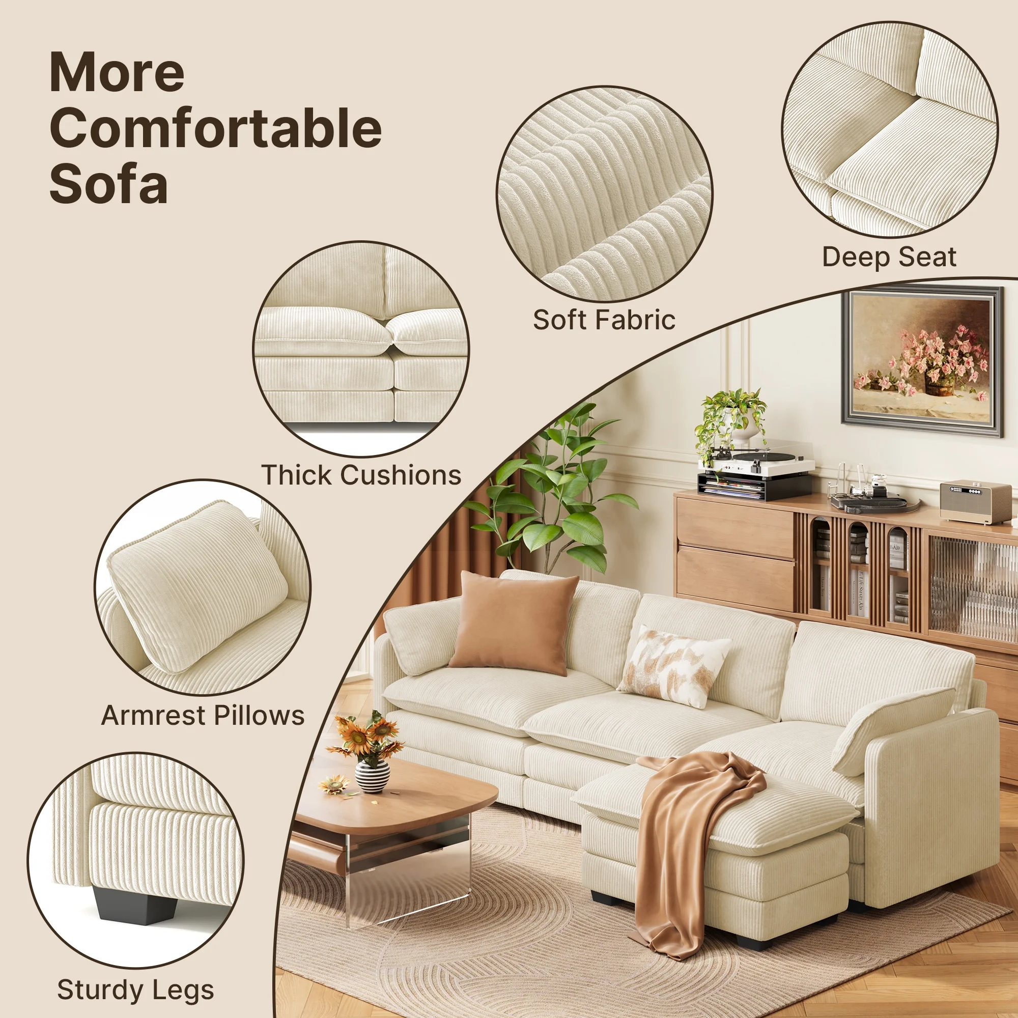 Lofka 110�� Modular Sectional Sofa Bed with Double Layer Cushions and Movable Ottoman, Modern Comfy Cloud Couch for Living Room, DIY Combination, Green