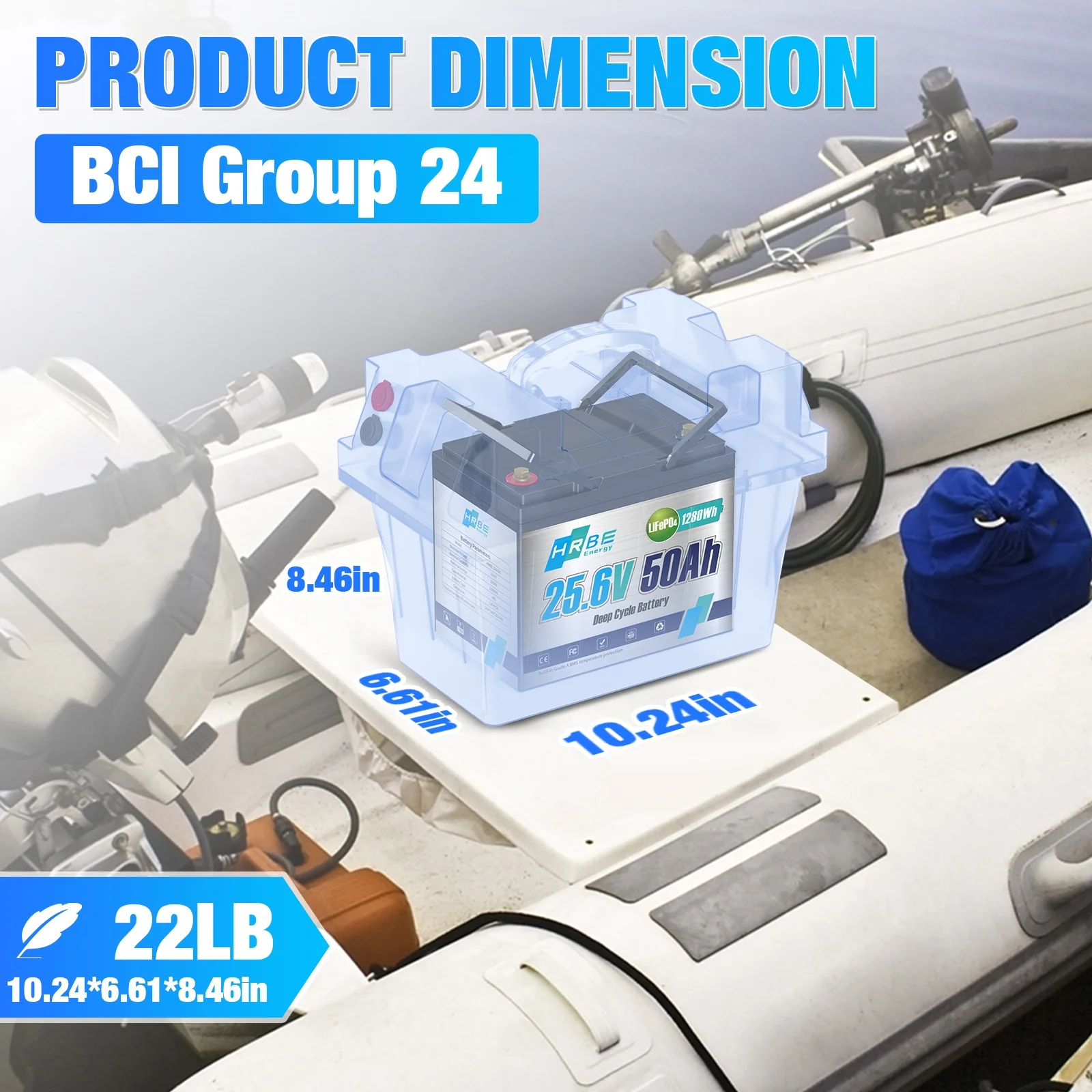 24V 50Ah Group 24 Mini LiFePO4 Lithium Battery,HRBEENERGY for RV,Marine,Boat,Solar,off-Grid,Camper,15000+ Deep Cycles,50A BMS