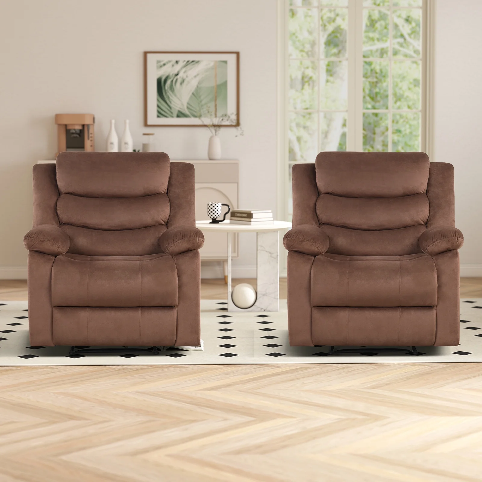 Bonzy Home Recliner Chairs for Living Room Overstuffed Breathable Fabric Reclining Chair Manual Sofa Brown