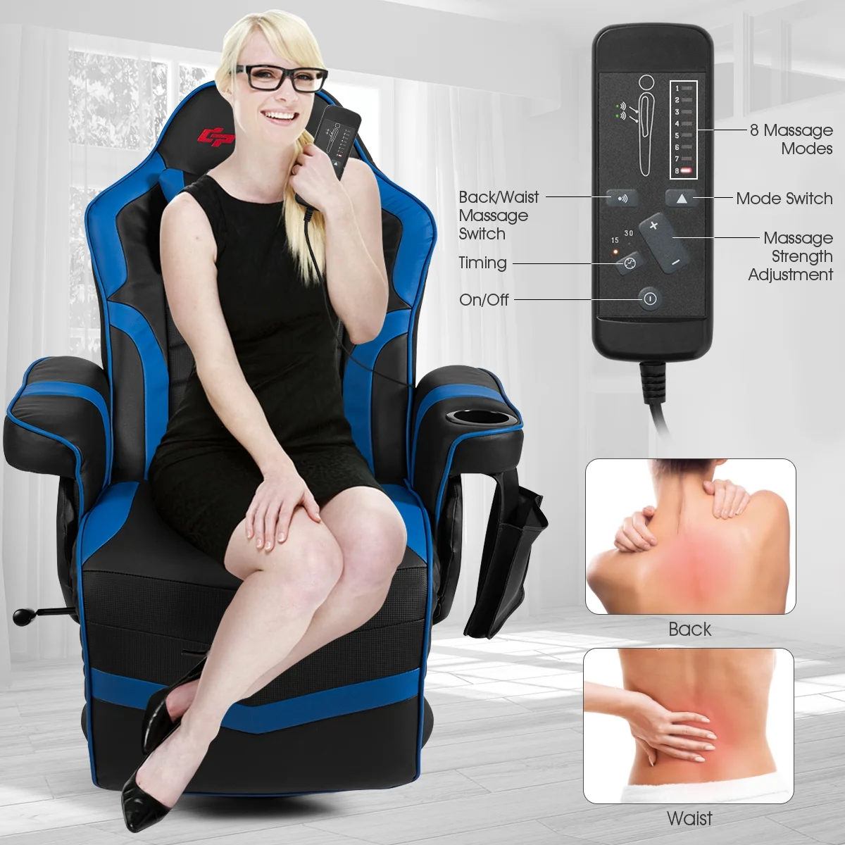 Goplus Massage Gaming Recliner Reclining Racing Chair Swivel Black