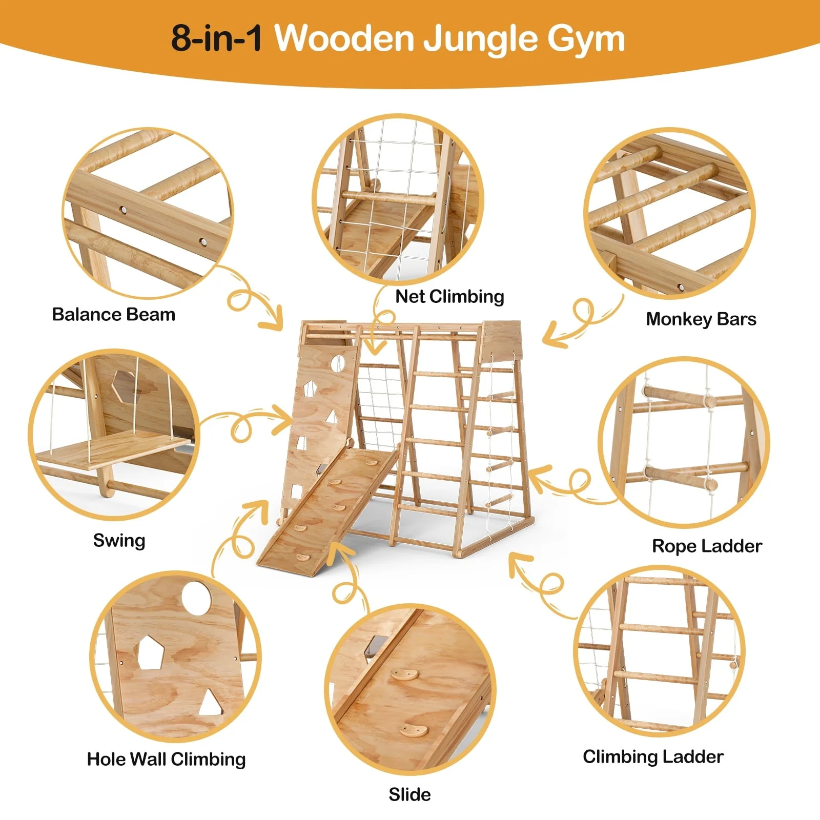 GIKPAL 8-in-1  Wooden Indoor Kids Playground Jungle Gym with Slide, Toddlers Wooden Climber with Slide Playset, Wooden Rock Climbing Wall with Rope Wall Climb, Monkey Bars, and Swing for Kids