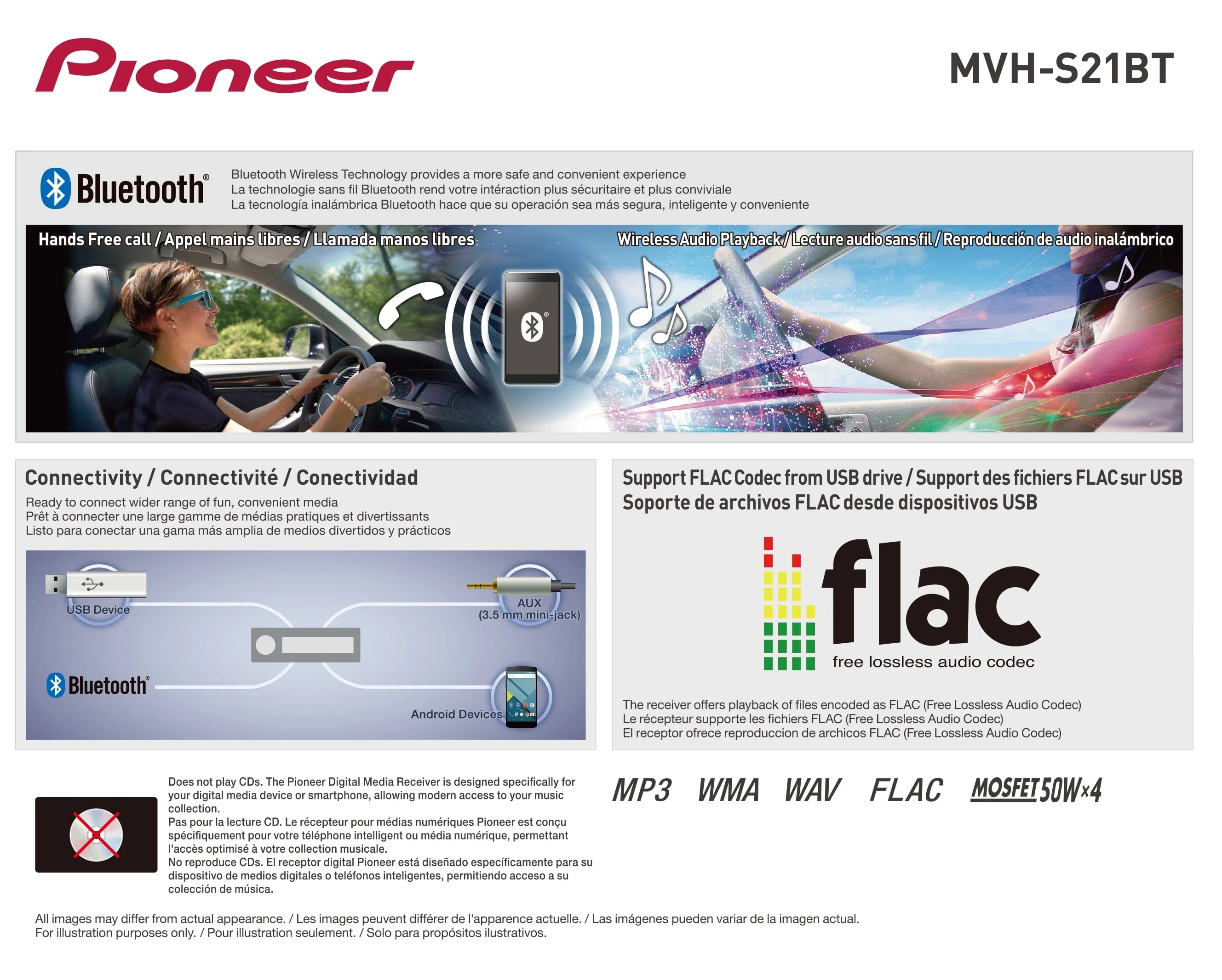Pioneer MVH-S21BT Digital Media Receiver, Single DIN, In-Dash