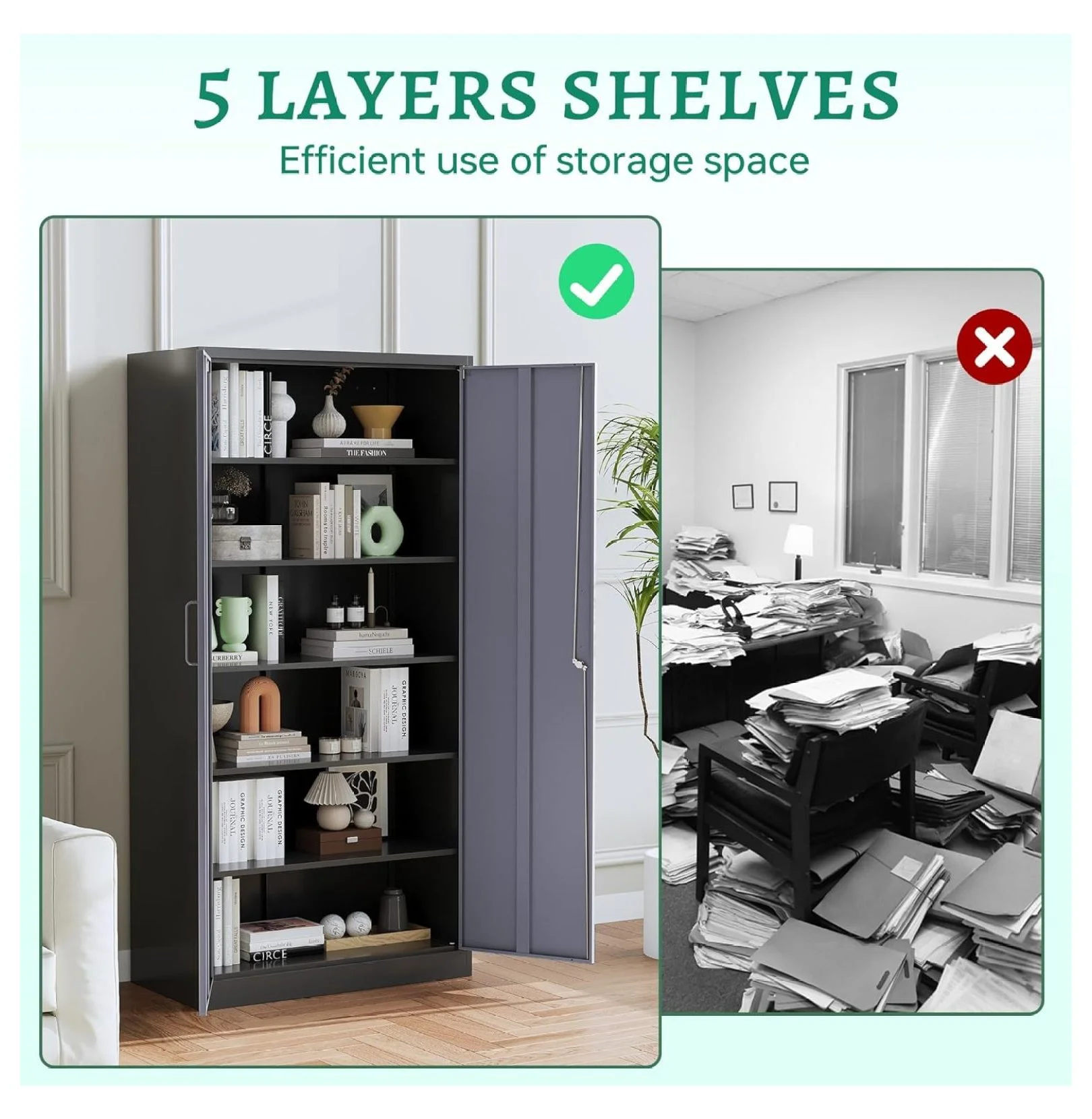 KriKac Metal Storage Cabinets with Lock Doors,Tall Locker Organizer Steel Garage Cabinets, 5 Adjustable Layers Shelves for Home, Office, Warehouse,Tool,Industrial(Black)