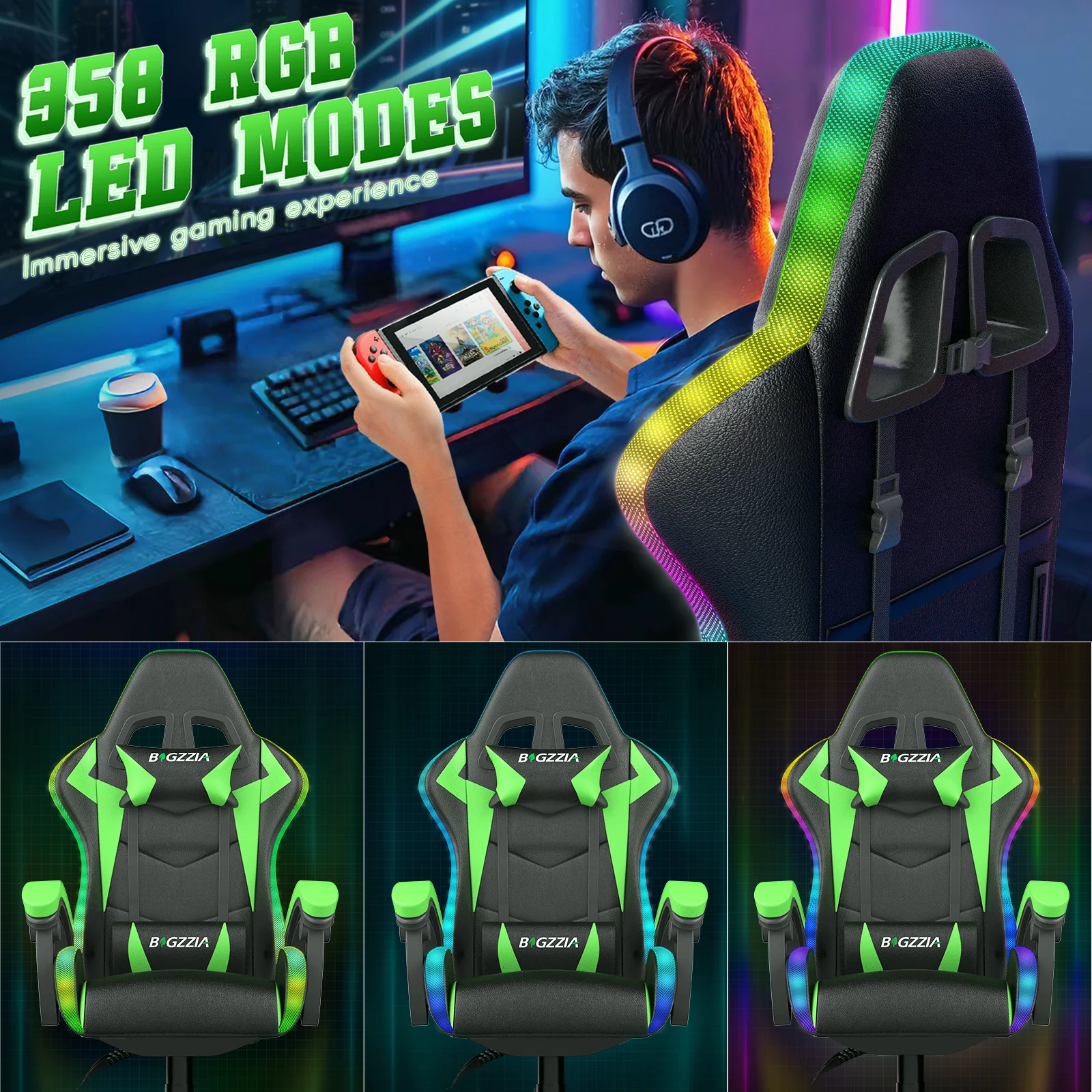 Bigzzia Gaming Chair with LED Lights Ergonomic Office Chair for Adults and Kids - Adjustable Height, 360�� Swivel, Headrest Support, Mesh PU Leather, Black & Green