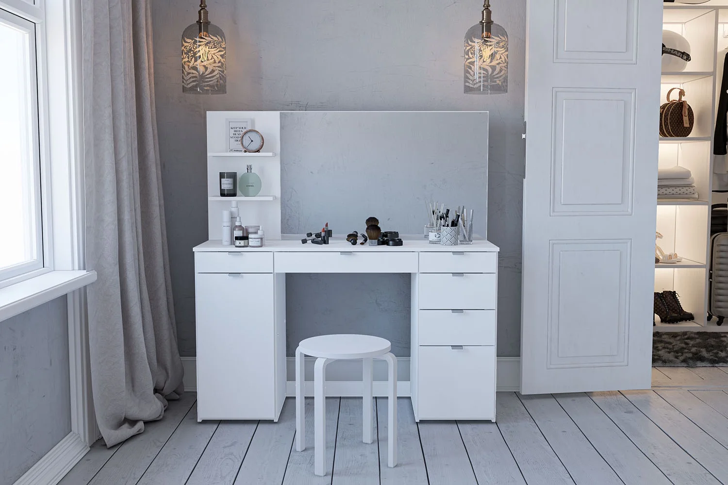 Polifurniture Amelia Modern Makeup Vanity Table with Mirror, White Finish