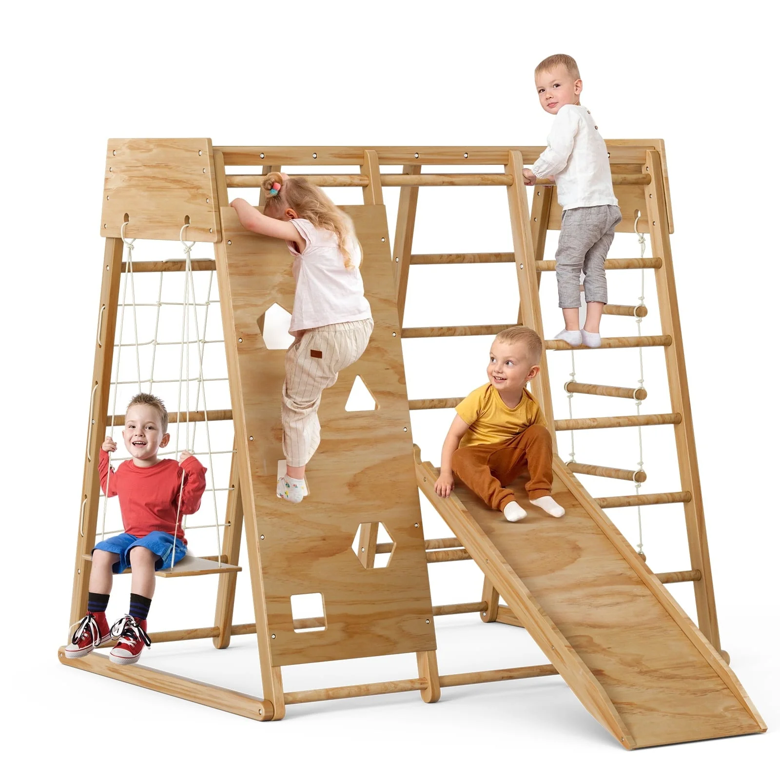 GIKPAL 8-in-1  Wooden Indoor Kids Playground Jungle Gym with Slide, Toddlers Wooden Climber with Slide Playset, Wooden Rock Climbing Wall with Rope Wall Climb, Monkey Bars, and Swing for Kids