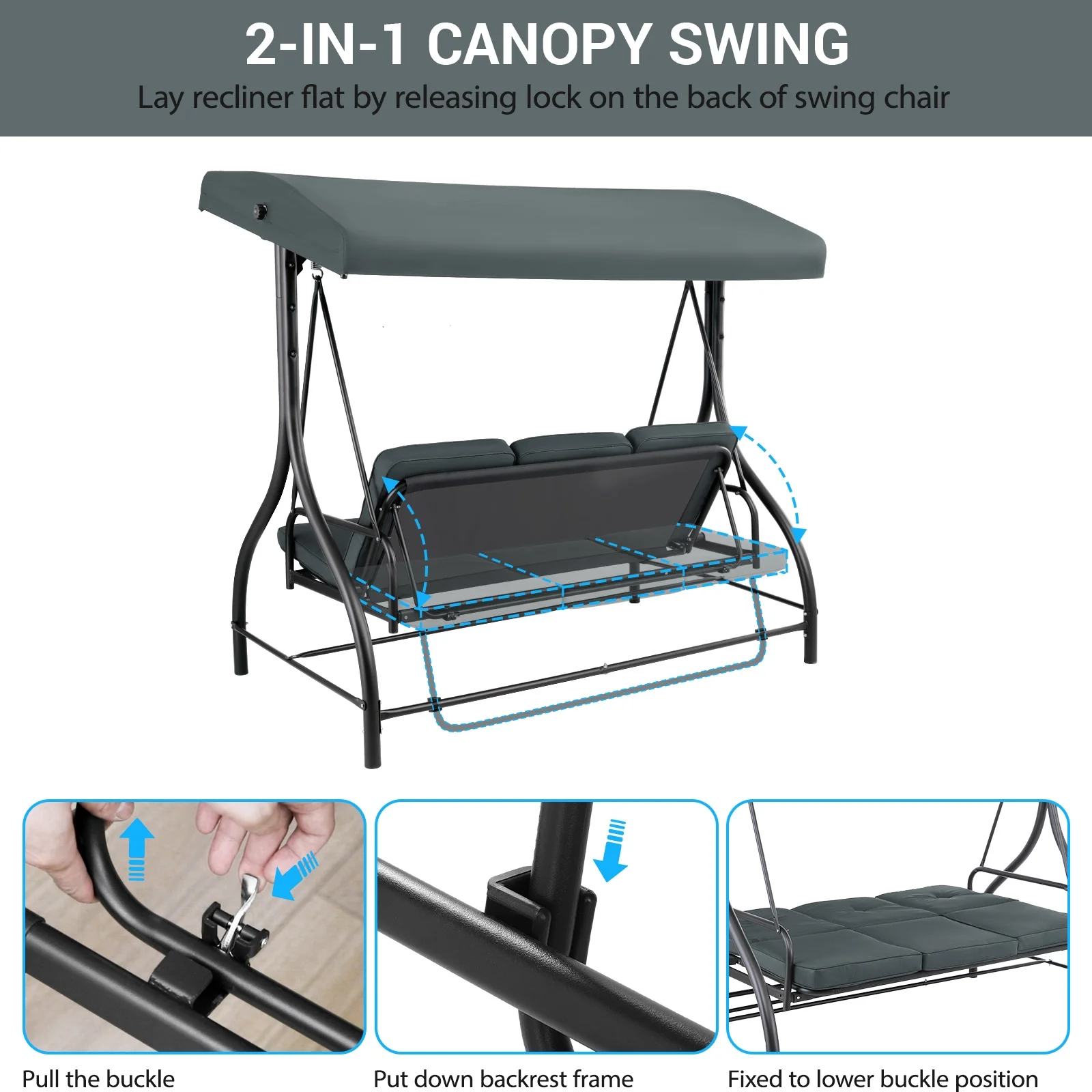 Pirecart 3 Person Patio Porch Swing Outdoor Converting Swing Glider Hammock with Adjustable Canopy, Cushions, Red