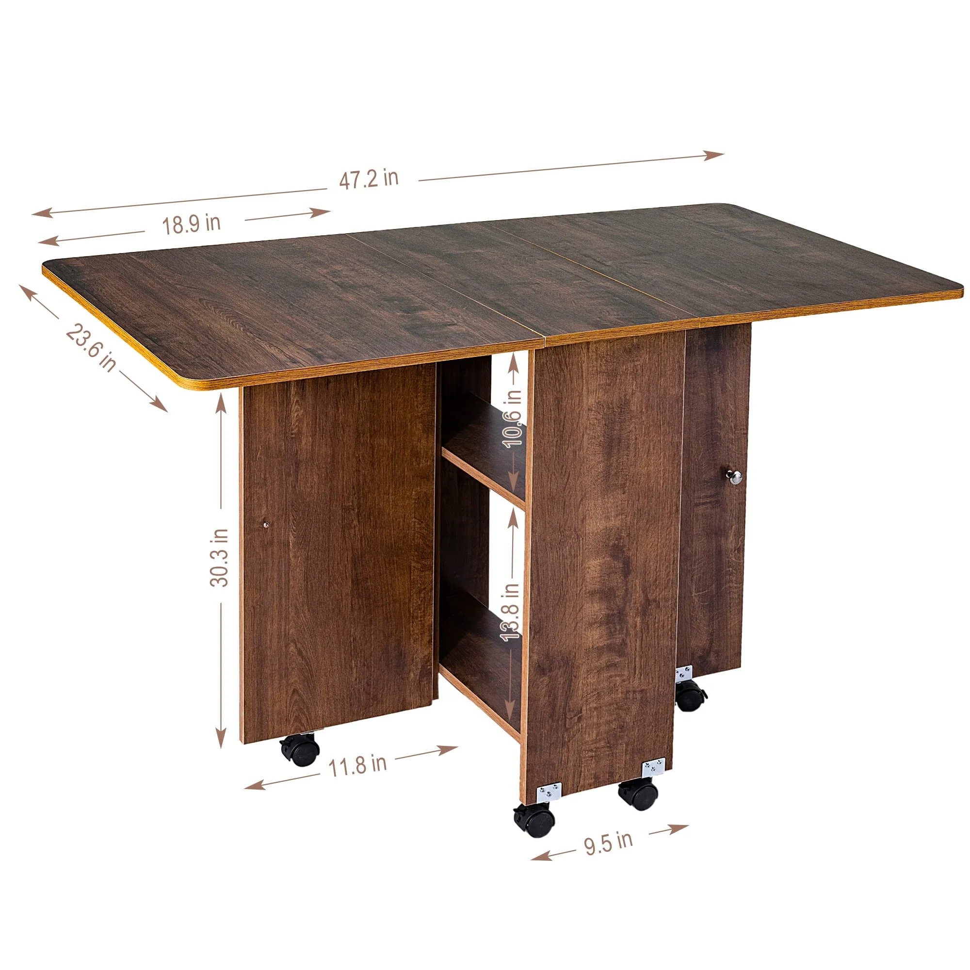 WAYTRIM Folding Dining Table Versatile Dinner Table with 6 Wheels and 2 Storage Racks, Space Saving Extendable Kitchen Table