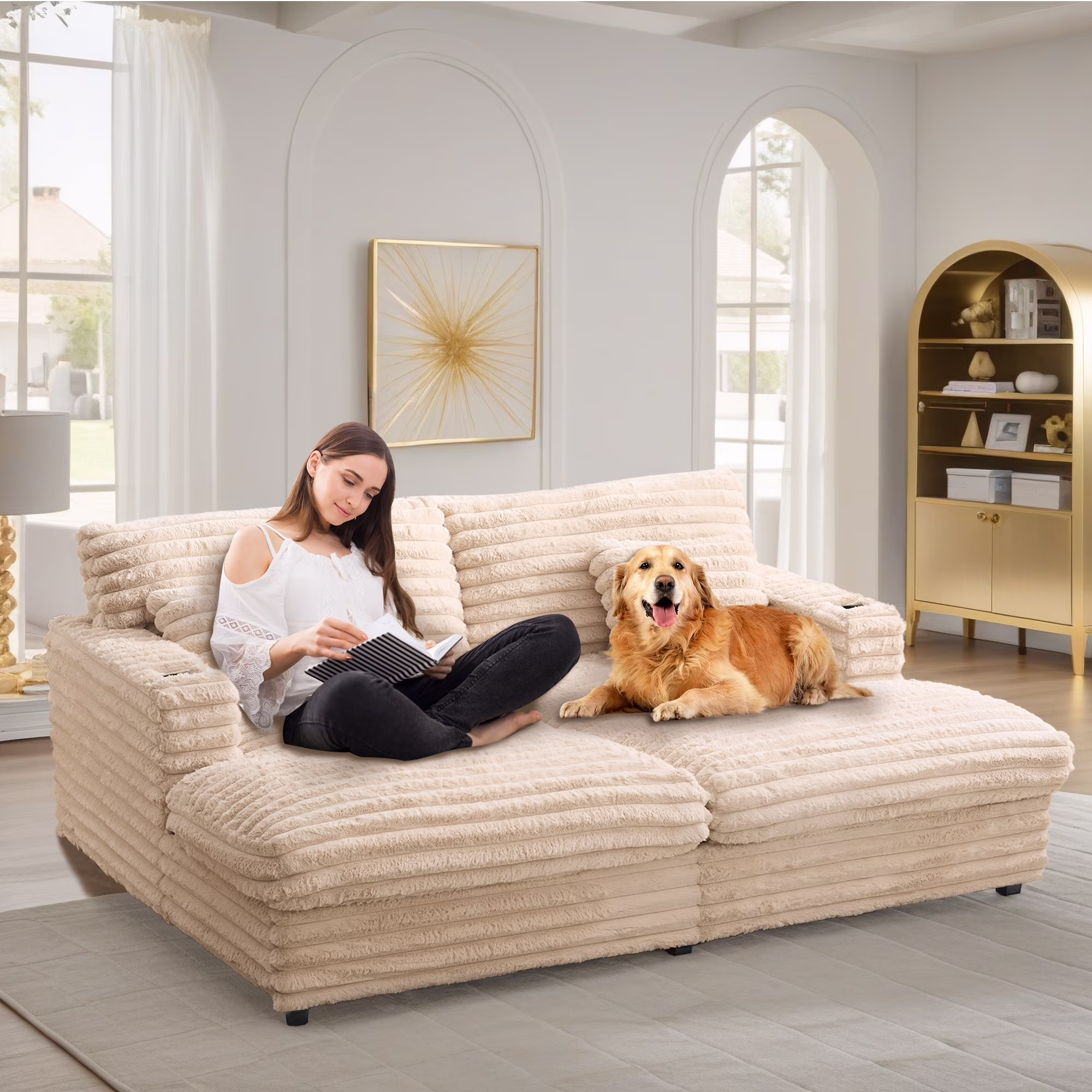 Oversized Double Chaise Lounge, Faux Fur Upholstered Deep Seat Sofa with 2 Pillows, 2 Cupholders, and Dual USB Ports