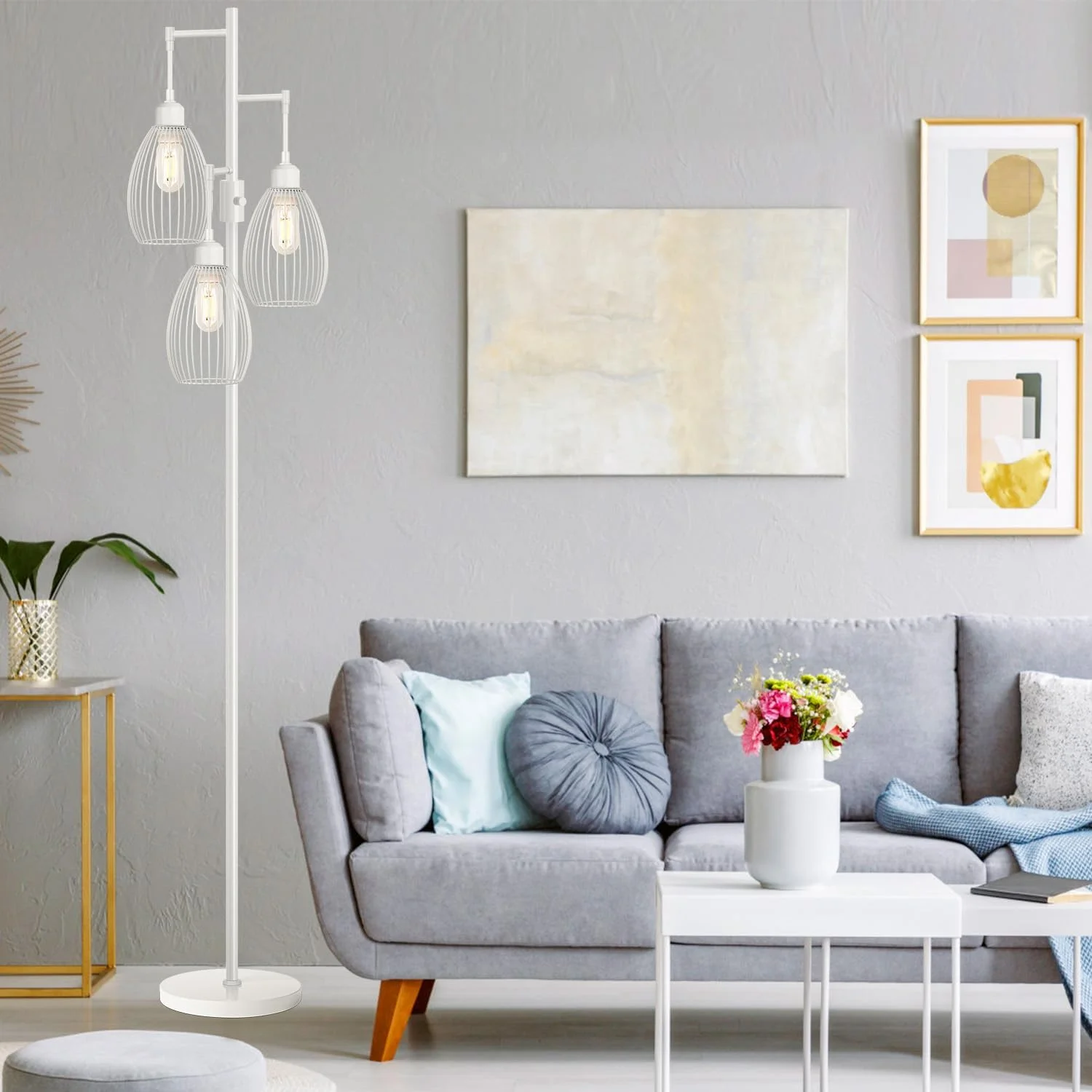 Dimmable Floor Lamp, 3 x 800LM LED Edison Bulbs Included, Farmhouse Industrial Floor Lamp Standing Tree Lamp with Elegant Teardrop Cage Tall Lamps for Living Room Bedroom Office Dining Room