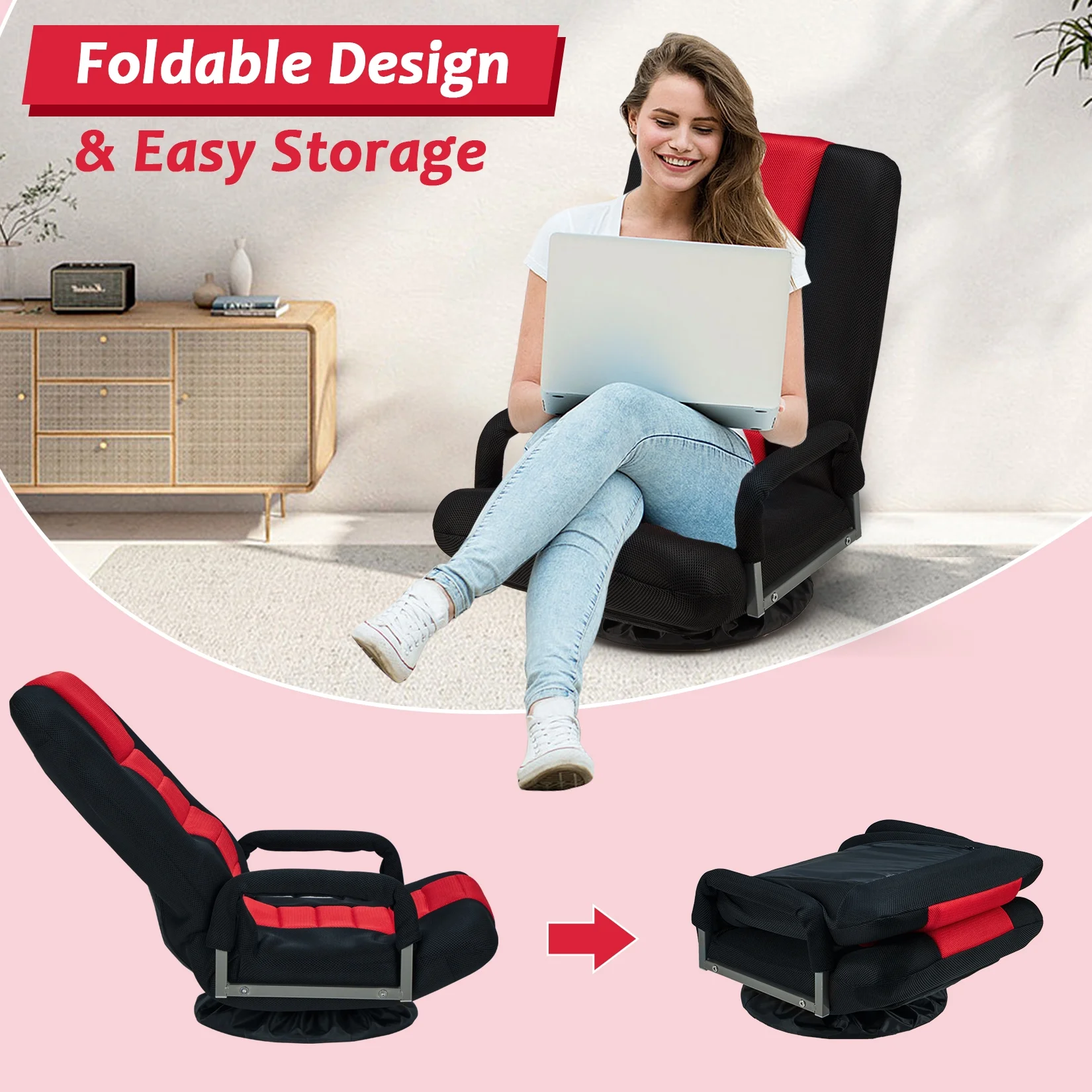 Avocahom Swivel Gaming Floor Chair w/ Armrest Handles, No Assembly gaming chair rocker, Folding Reclining Sofa w/6 Position Adjustable Backrest for Video Games, Watching TV, Reading,Blue