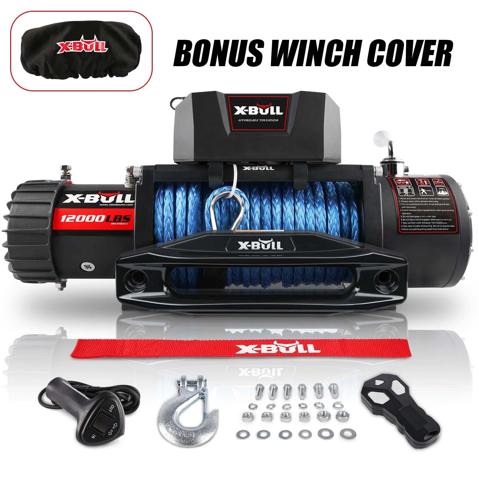 X-BULL Electric Winch 12000LB Winch Synthetic Rope 12V Truck Towing Trailer Jeep Winch 4WD With Wireless Remote Winch Cover