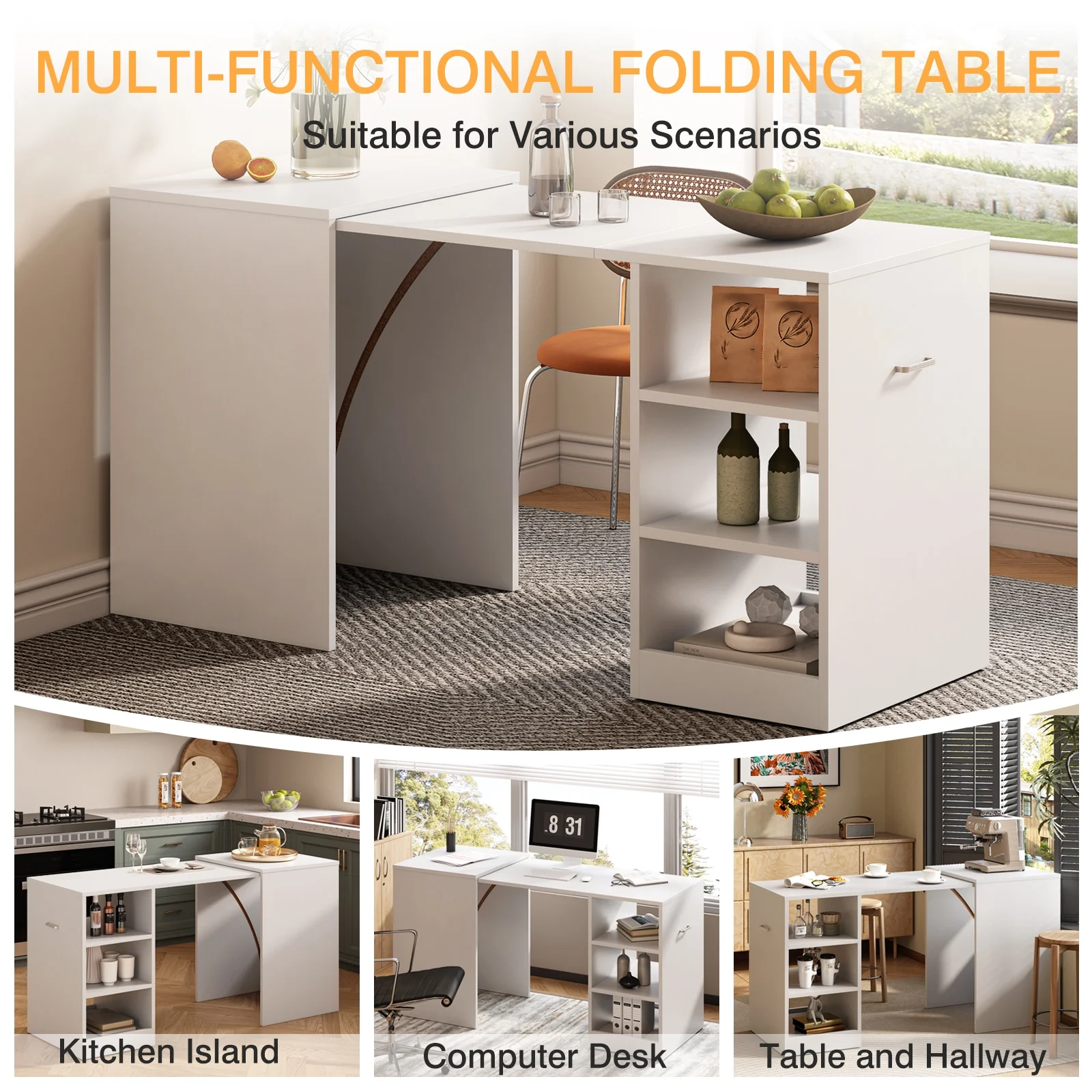 Tarnorci foldable desk Home Office compact desk with 3 Layer Storage Rack