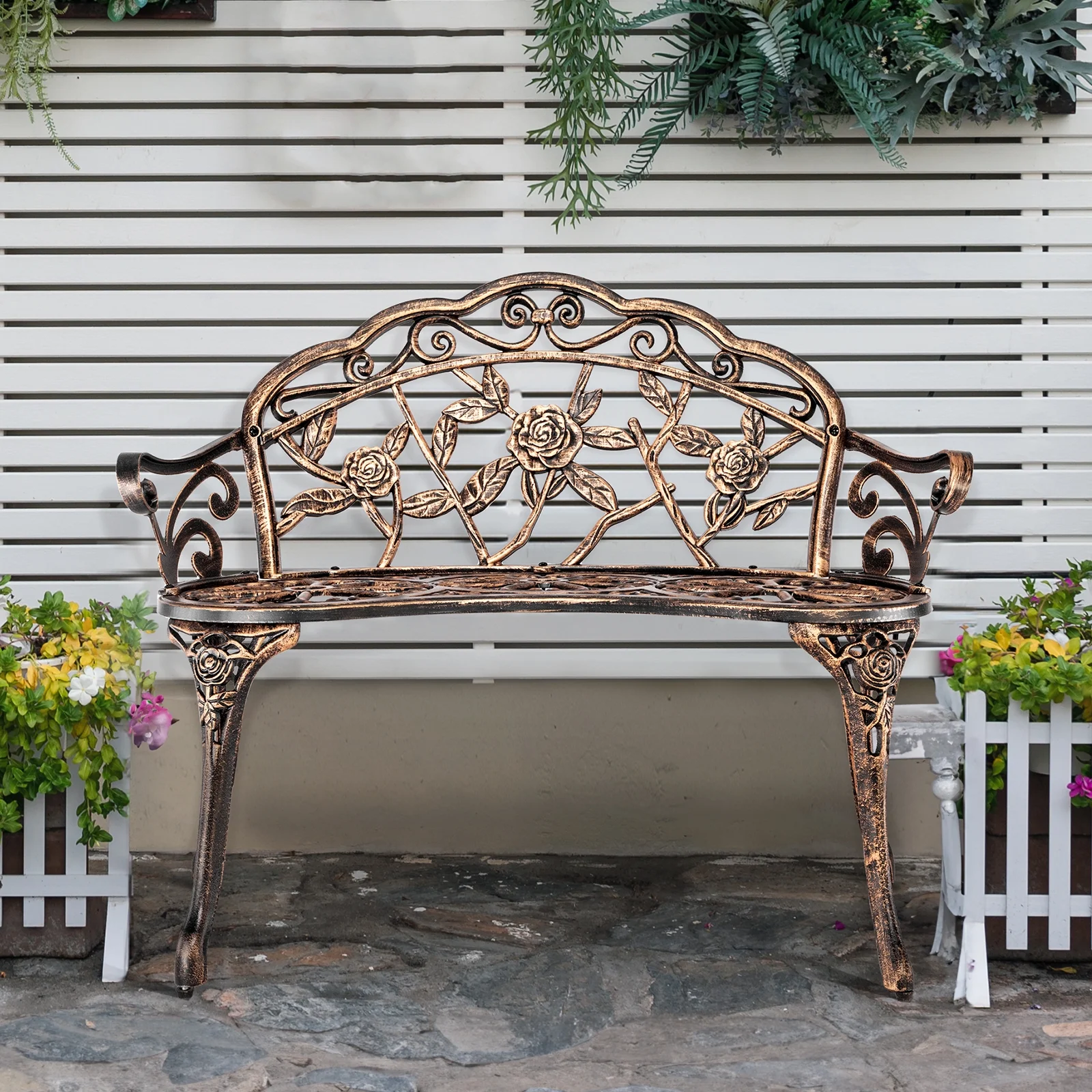 Ktaxon Outdoor Patio Park Garden Bench Courtyard Leisure Rose Cast Aluminum, Outdoor Loveset, Bronze