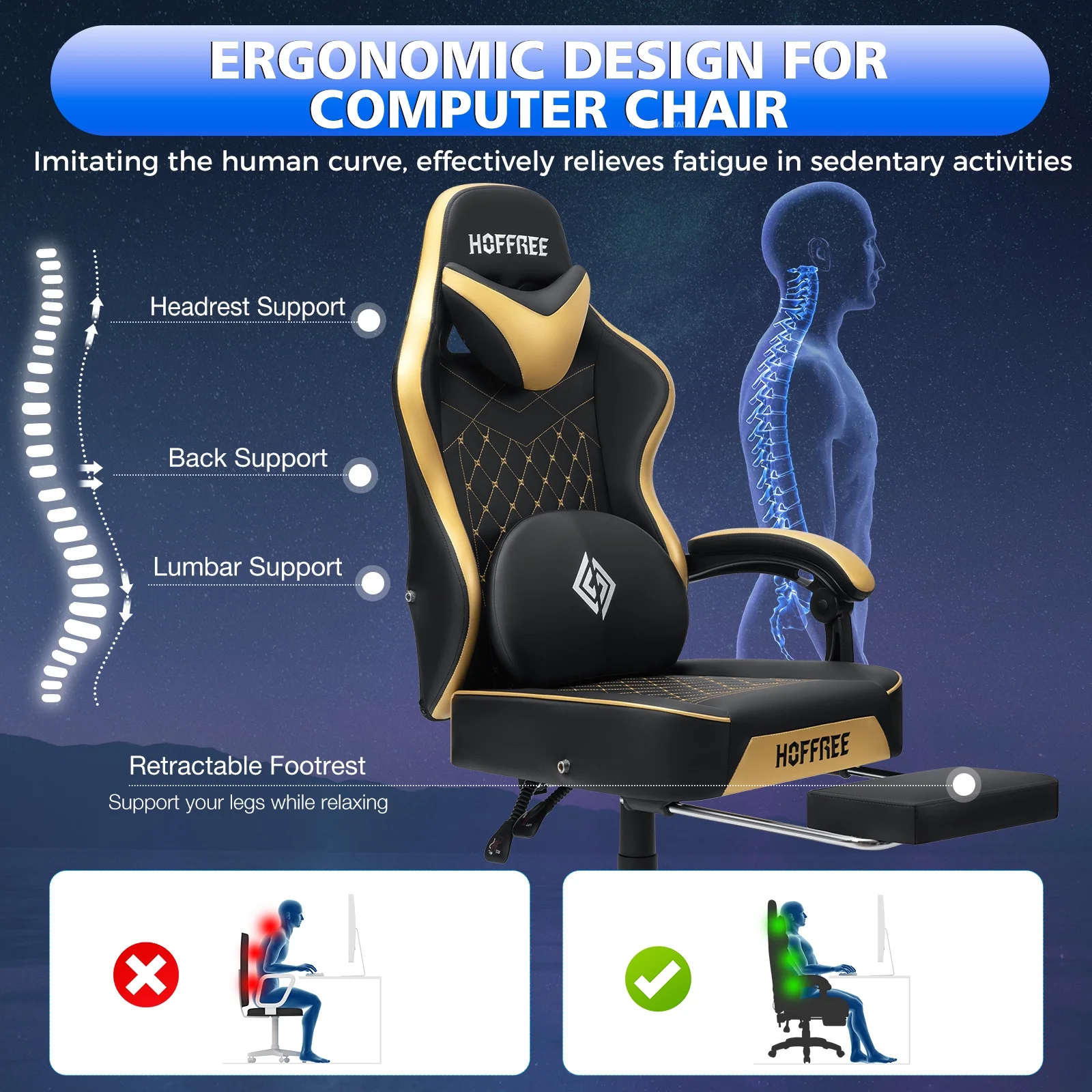 Hoffree Gaming Chair with Speakers PU Gamer Chair with footrest and massage Egonomic Computer Game Chair with Headrest and Lumbar Support for Adults and Office Gaming, 440 LBS