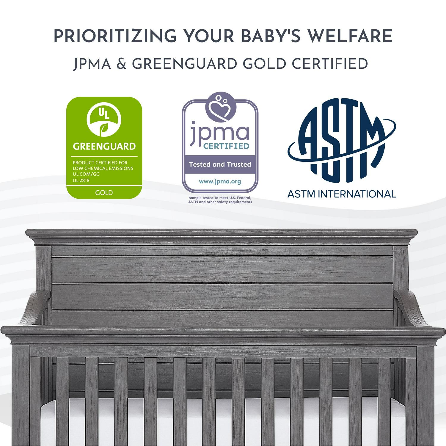 evolur Waverly 5-in-1 Full Panel Convertible Crib. Rustic Grey