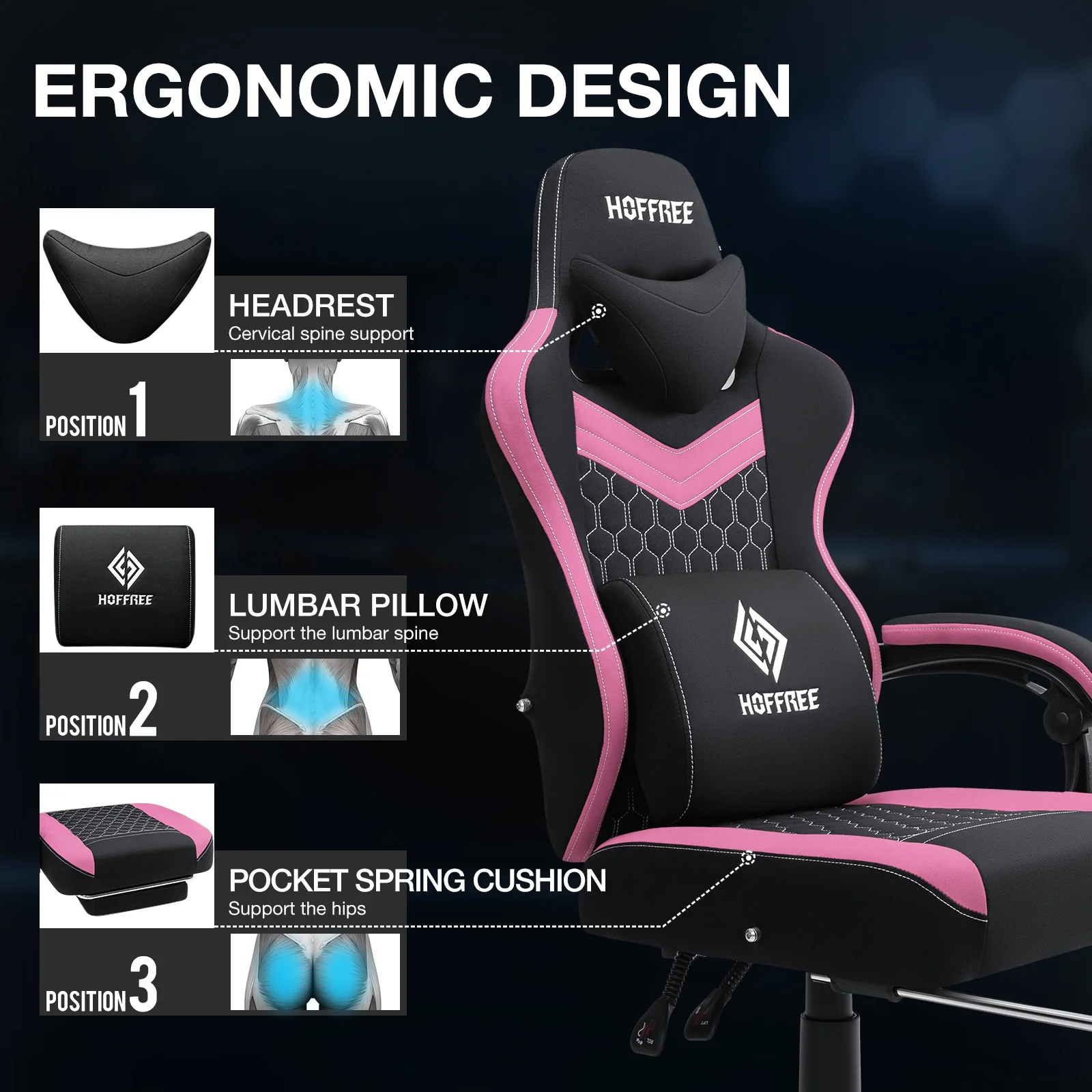 Hoffree Gaming Chair with Speakers Fabric Gamer Chair with footrest and massage Big and Tall Video Game Chair with Headrest and Lumbar Support for Adults