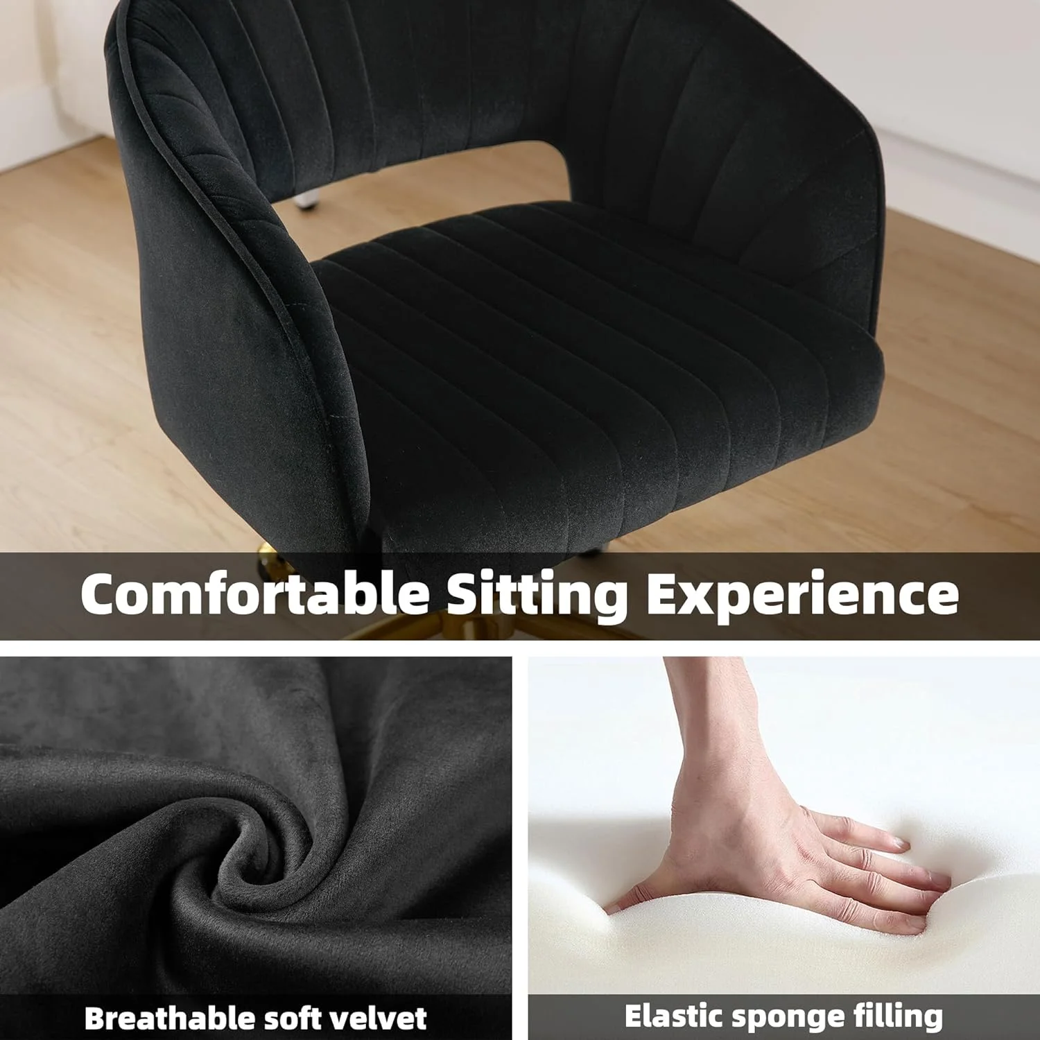 Westice Home Office Desk Chairs, Velvet Task Chair, Height Adjustable Swivel Vanity Chair with Golden Base for Vanity Study, Living Room Computer Room, Beige