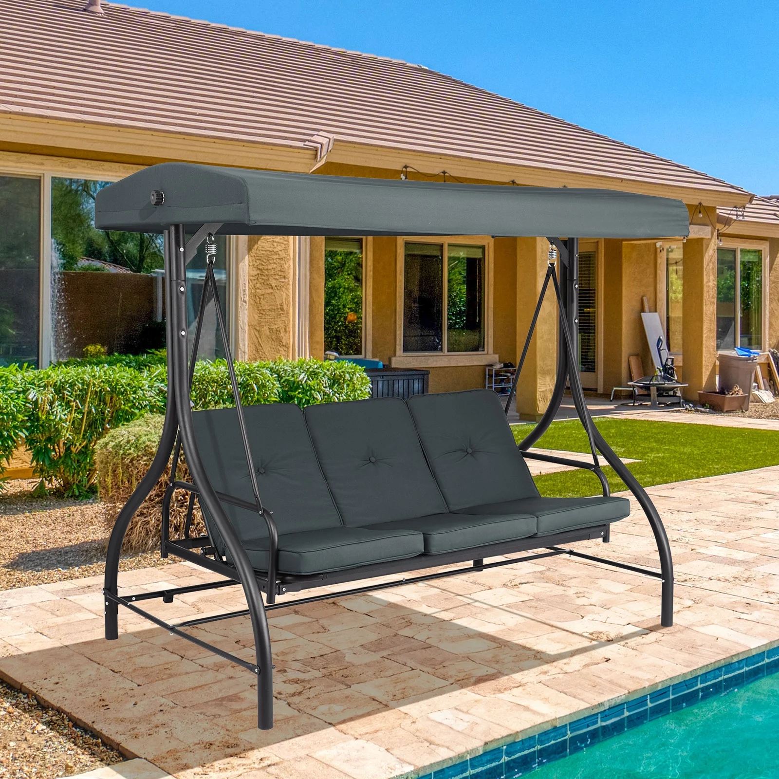 Pirecart 3 Person Patio Porch Swing Outdoor Converting Swing Glider Hammock with Adjustable Canopy, Cushions, Red