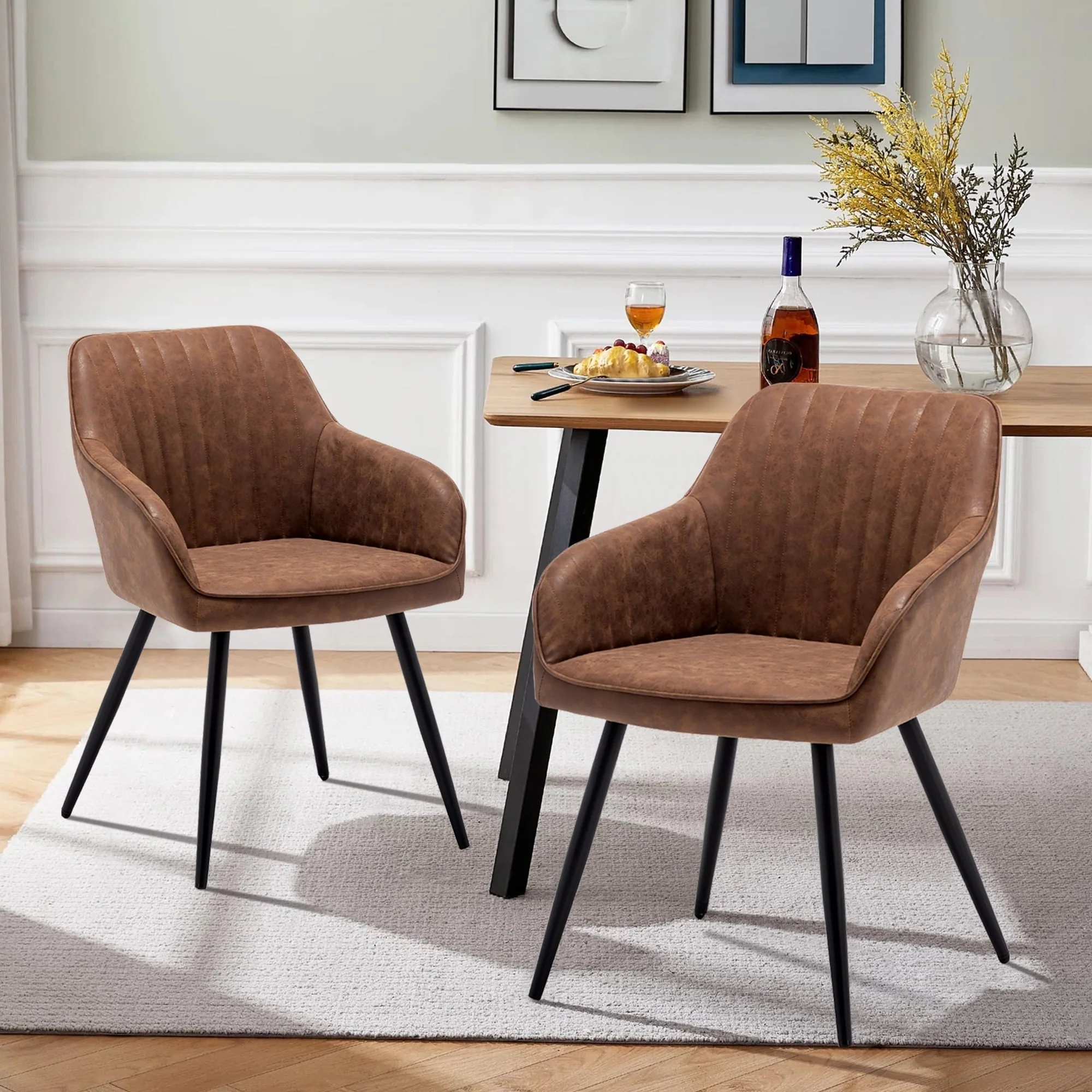 Andeworld Faux Leather Accent Chairs Set of 2, Living Dining Room Arm Chairs with Metal Legs for Home Kitchen Office Bistro Cafe(Brown)