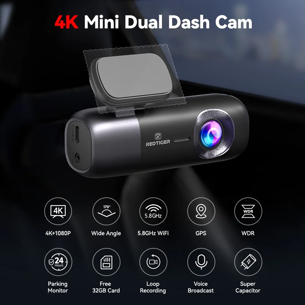 REDTIGER Dash Cam, 4K Front and 1080P Rear Car Dashcam with WiFi & GPS, App Control, Night Vision, Free 32GB Card