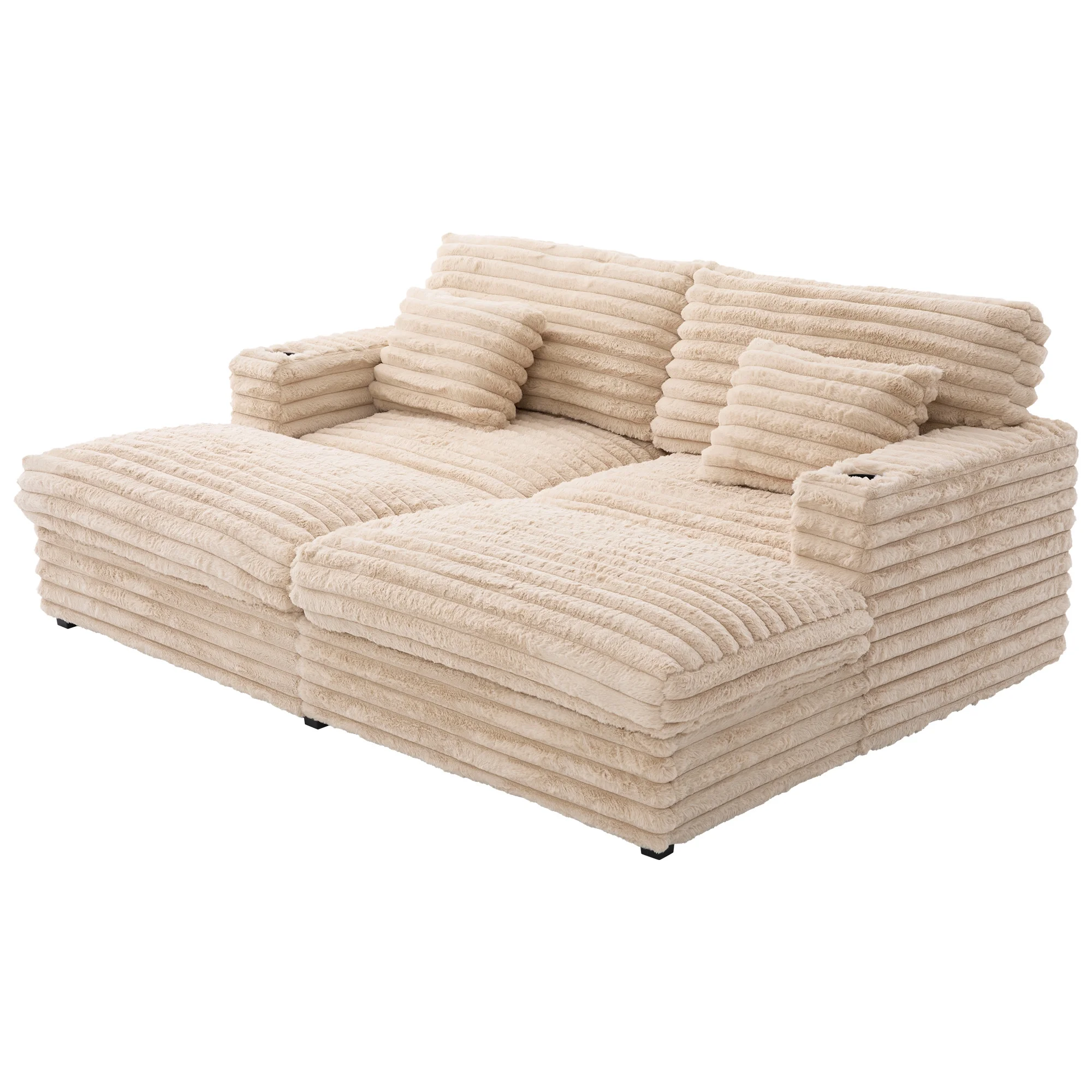 Oversized Double Chaise Lounge, Faux Fur Upholstered Deep Seat Sofa with 2 Pillows, 2 Cupholders, and Dual USB Ports