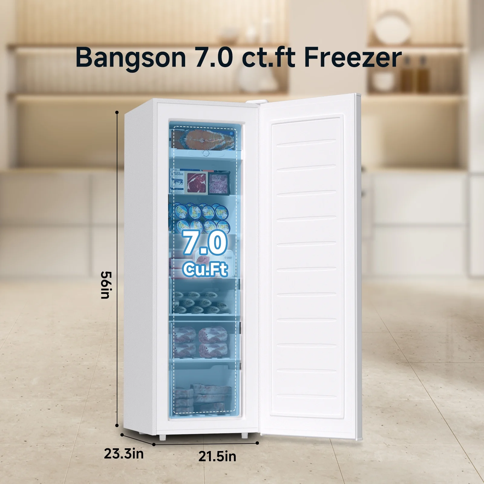 BANGSON Upright Freezer, 7.0 Cu.ft Freestanding Freezer, Convertible Upright Freezer/Refrigerator, Single Door for Kitchen, Office, Apartment, Silver