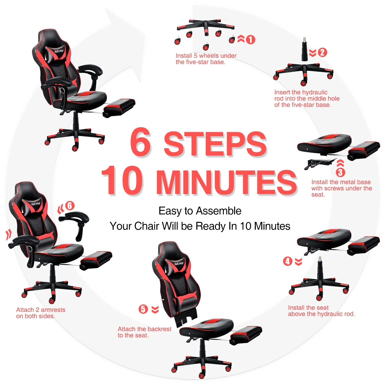 Elecwish Adjustable & Ergonomic Swivel Gaming Chair, White