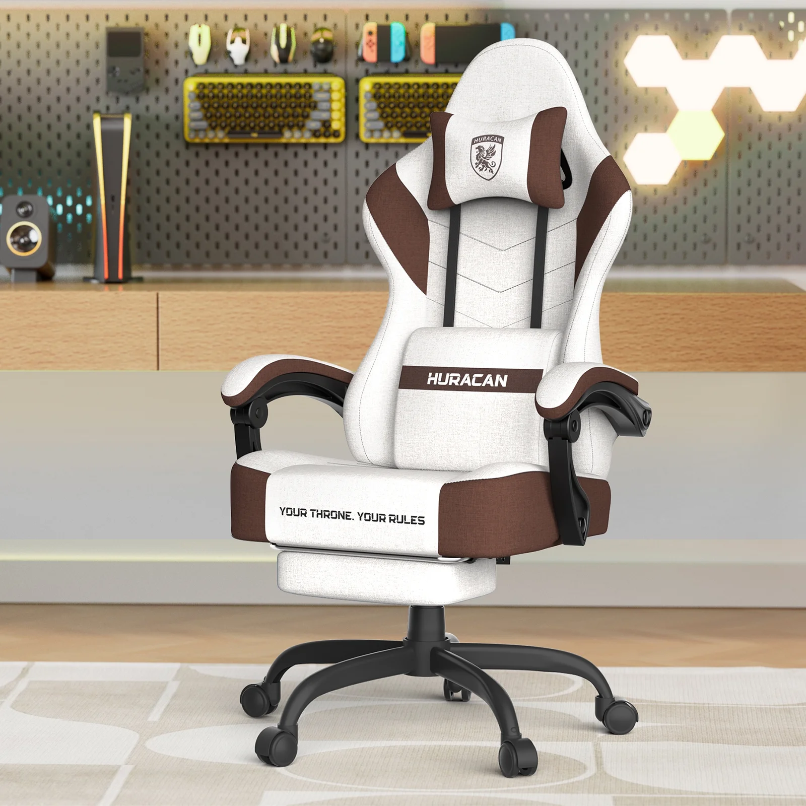 SOONTRANS Gaming Chair for Adults, Ergonomic Linen Fabric Computer Chair with Massage Lumbar Pillow, Gamer Game Chair with Adjustable Headrest, Comfortable Office Chair for Home, White