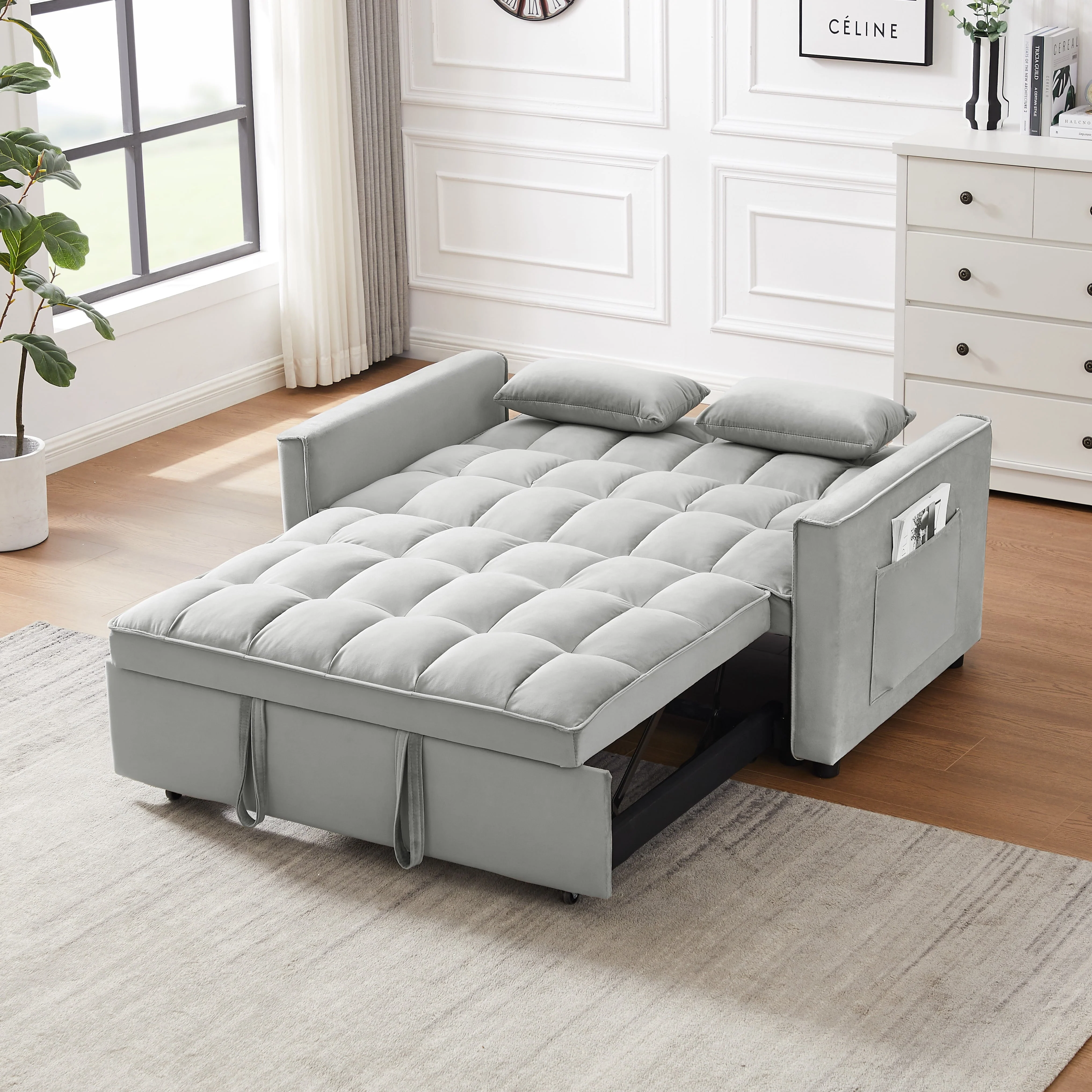 Convertible Sofa Bed,Modern Velvet Loveseat Futon Sofa Couch Pull out Sleep Bed,Small Love Seat Lounge Sofa with Reclining Backrest,Toss Pillows,Pockets,Furniture for Living Room,Gray