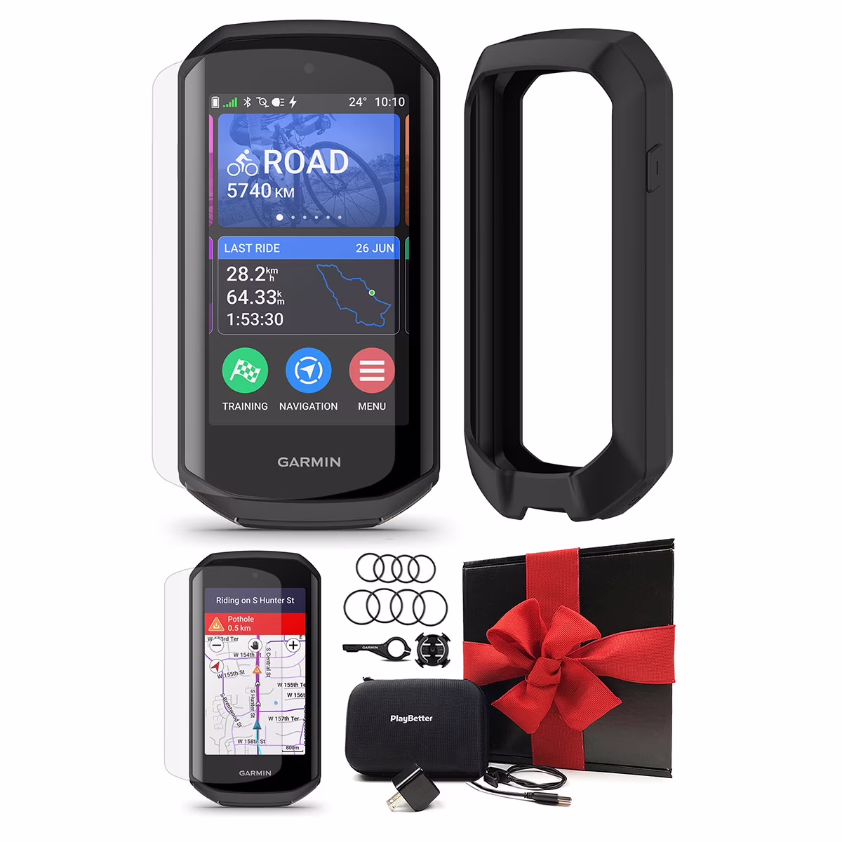 Garmin Edge 1050 Premium Cycling Computer Gift Box Bundle with PlayBetter Silicone Case (Black), HD Screen Protectors, Wall Adapter & Hard Case