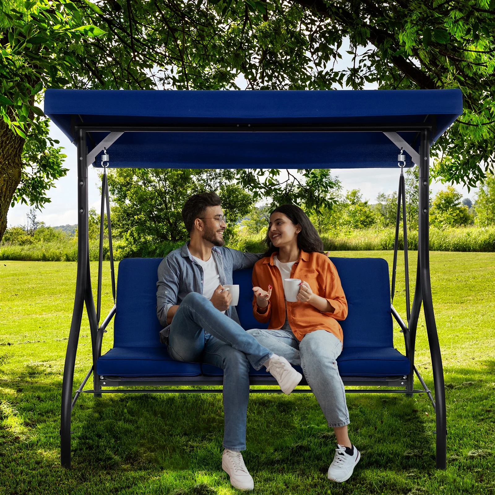 Pirecart 3 Person Patio Porch Swing Outdoor Converting Swing Glider Hammock with Adjustable Canopy, Cushions, Red