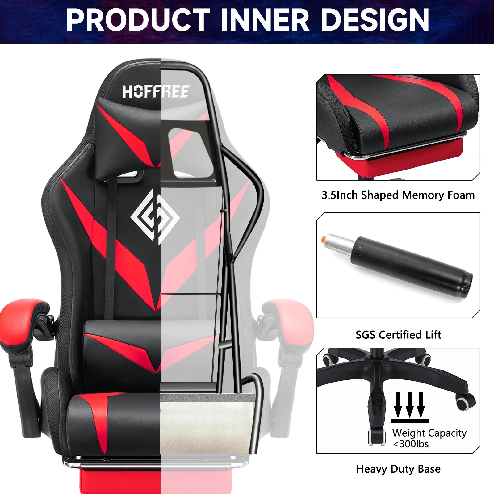 Hoffree Gaming Chair with Speakers PU Leather Office Chair with Footrest and LED Lights Ergonomic Gamer Chair with Massage Lumbar Support and Headrest Adjustable Swivel for Home Office 300lb
