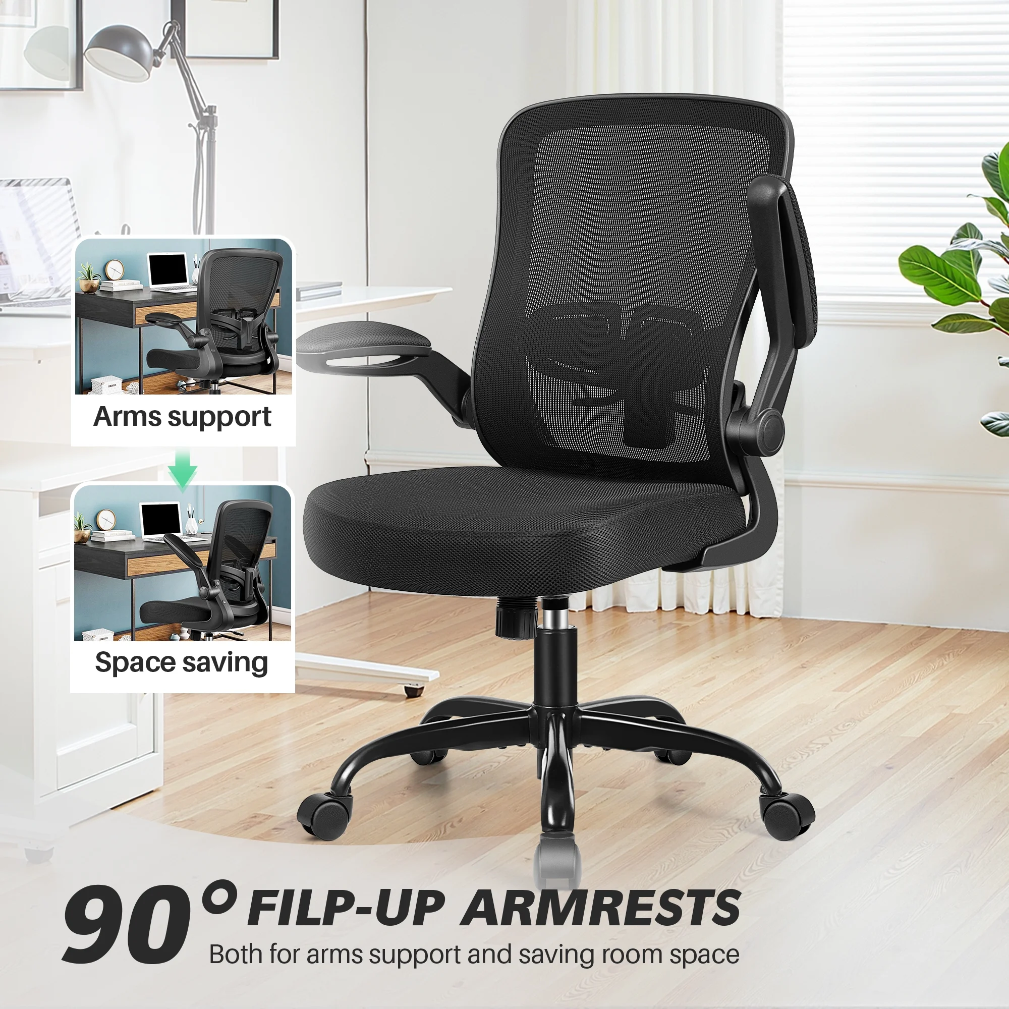 COOLHUT Ergonomic Office Chair, 400LBS Task Chair, Comfort Desk Chair with Adjustable Lumbar Support and Flip up Arms, Black