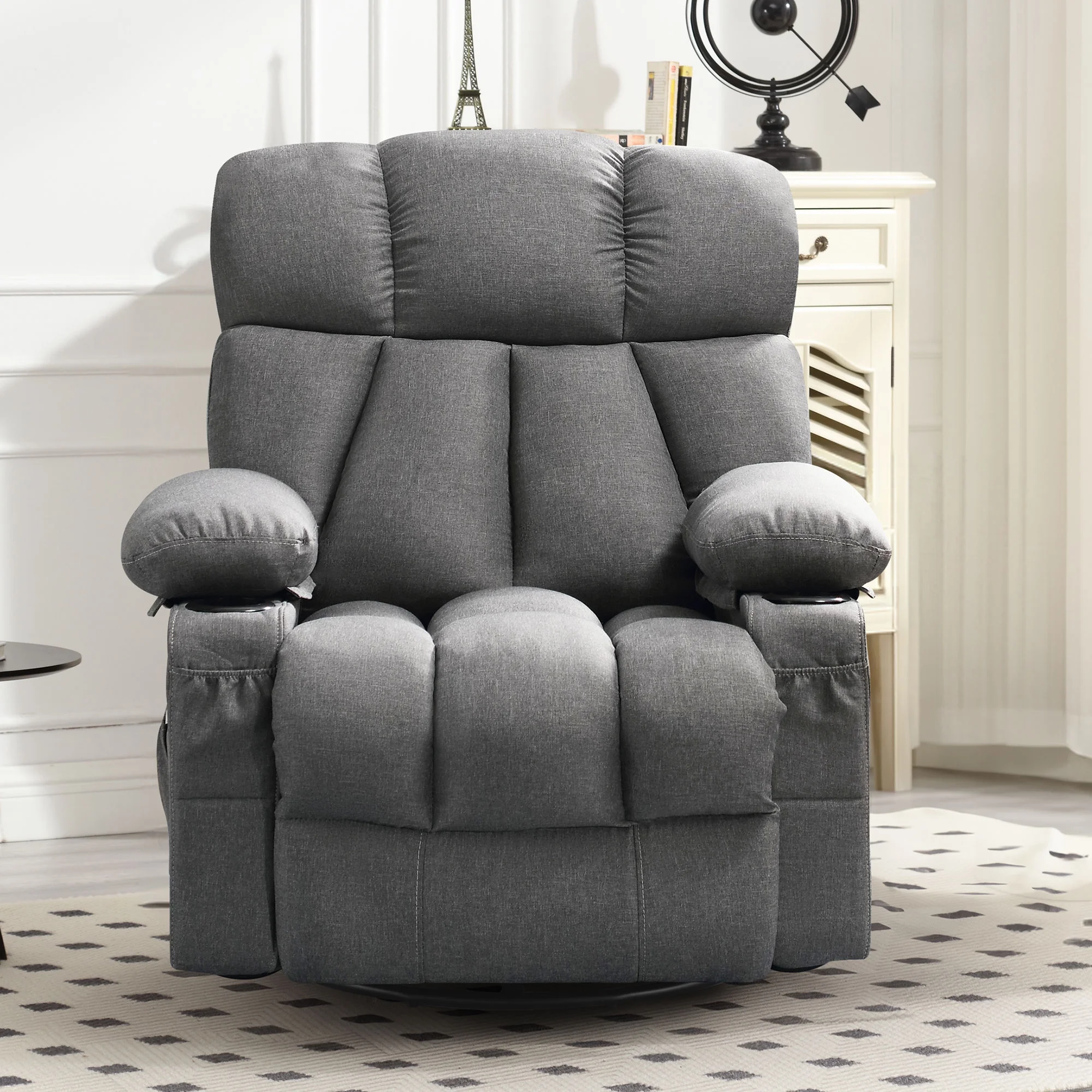JONPONY Manual Recliner Chair with Heat Therapy and Massage Function, Heavy Duty Reclining Mechanism Massage Chair, Elderly Single Rocker Sofa with Cup Holders for Bedroom Home Theater,Grey