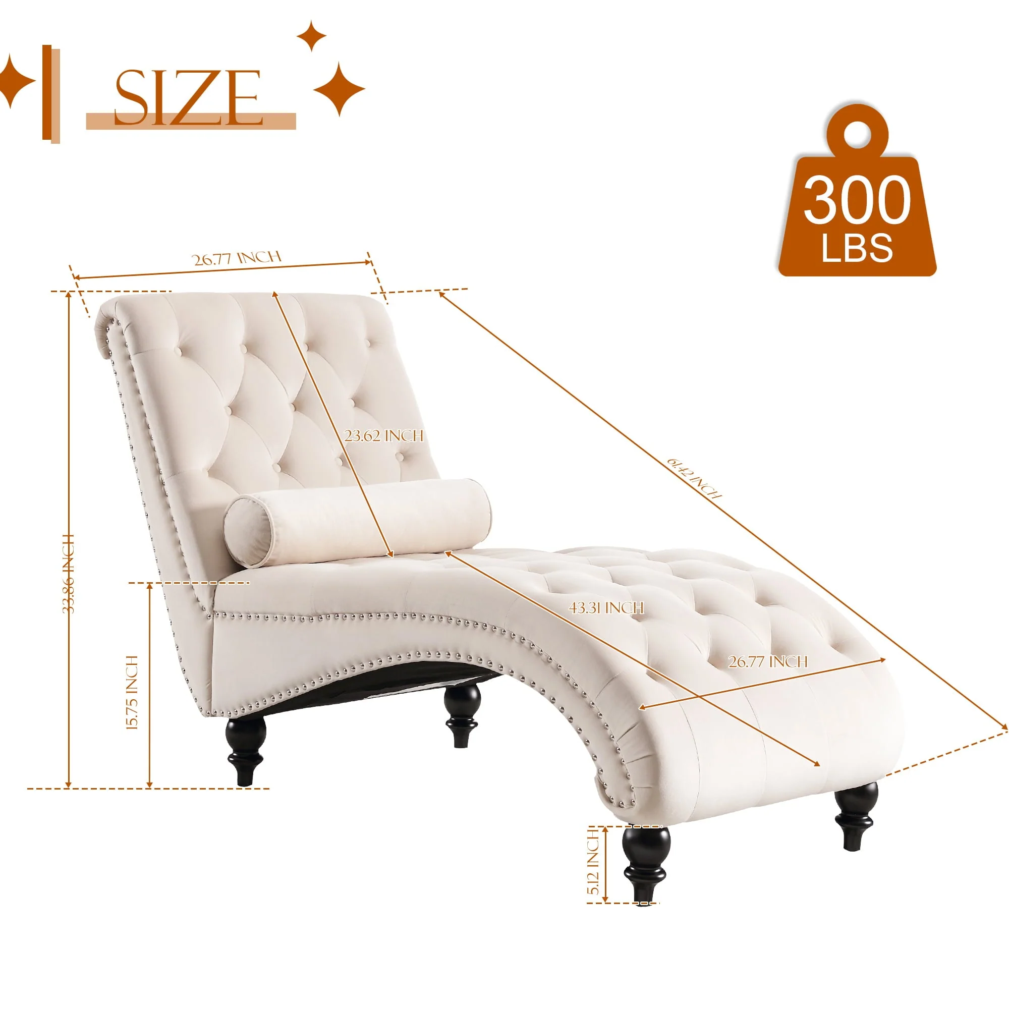 KINFFICT Velvet Chaise Lounge Indoor, Tufted lounge chair with Wood Legs, Leisure Accent Chair Upholstered Lounge Couch for Bedrooom Living Room, Beige