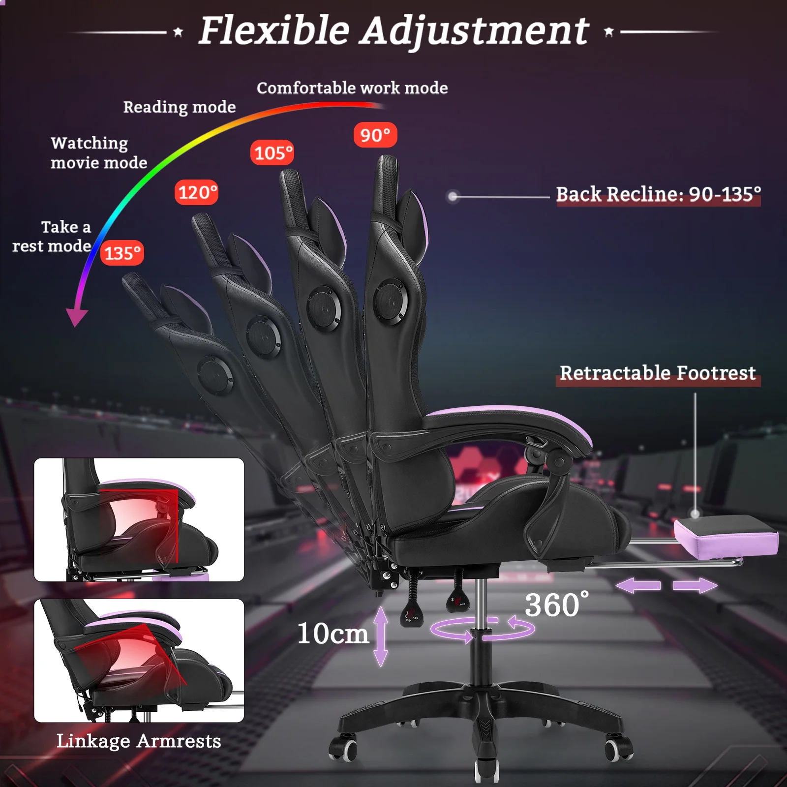 Hoffree Gaming Chair with Speakers PU Leather Office Chair with Footrest and LED Lights Ergonomic Gamer Chair with Massage Lumbar Support and Headrest Adjustable Swivel for Home Office 300lb