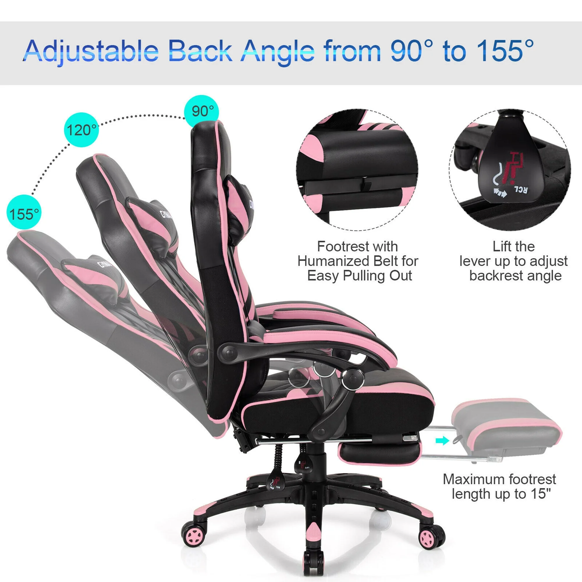 Gymax Office Computer Desk Chair Gaming Chair Adjustable Swivel w/Footrest Pink