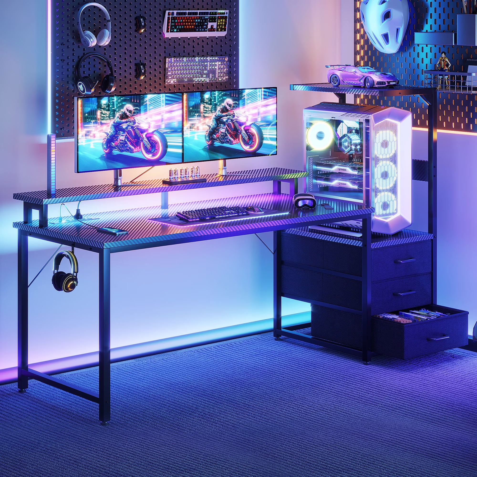 59 inch Gaming Desk with USB Charging Ports & LED Light- Reversible Computer Desk with Storage Shelves & Monitor Stand, Modern Gamer Desk Table with Fabric Drawers & Side Hook, Carbon Fiber Black