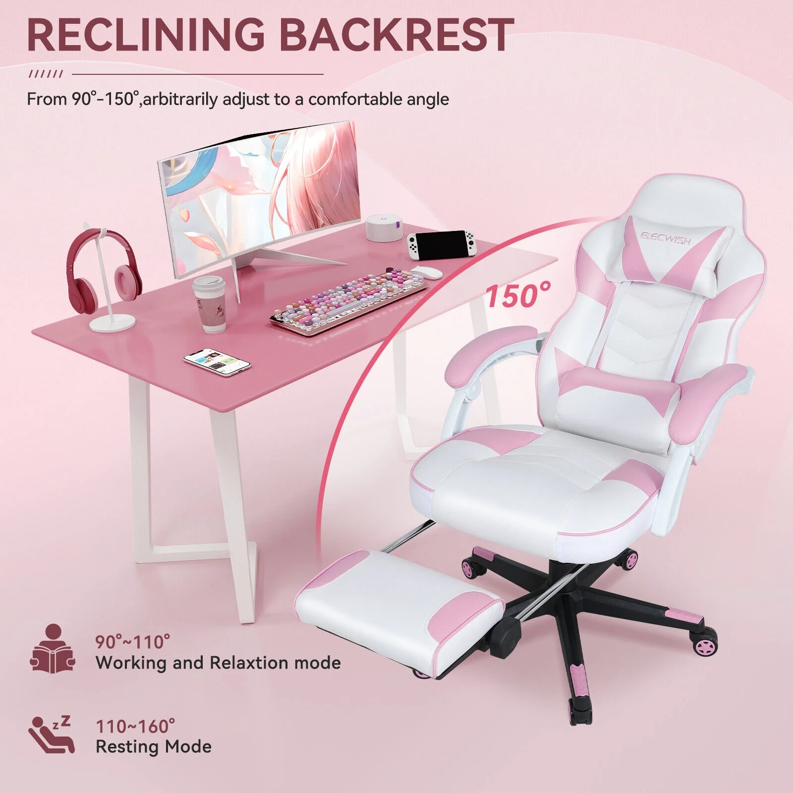 Elecwish Adjustable & Ergonomic Swivel Gaming Chair, White