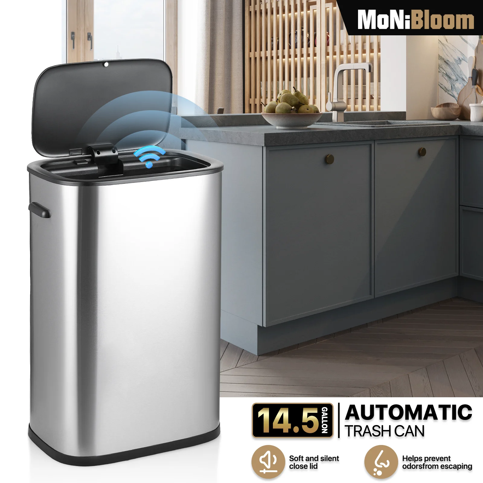 MoNiBloom Kitchen Trash Can 14.5 Gallon Garbage Can Automatic Motion Sensor Waste Bin Touchless Trash Can with Lid for Home Bathroom Office, Silver