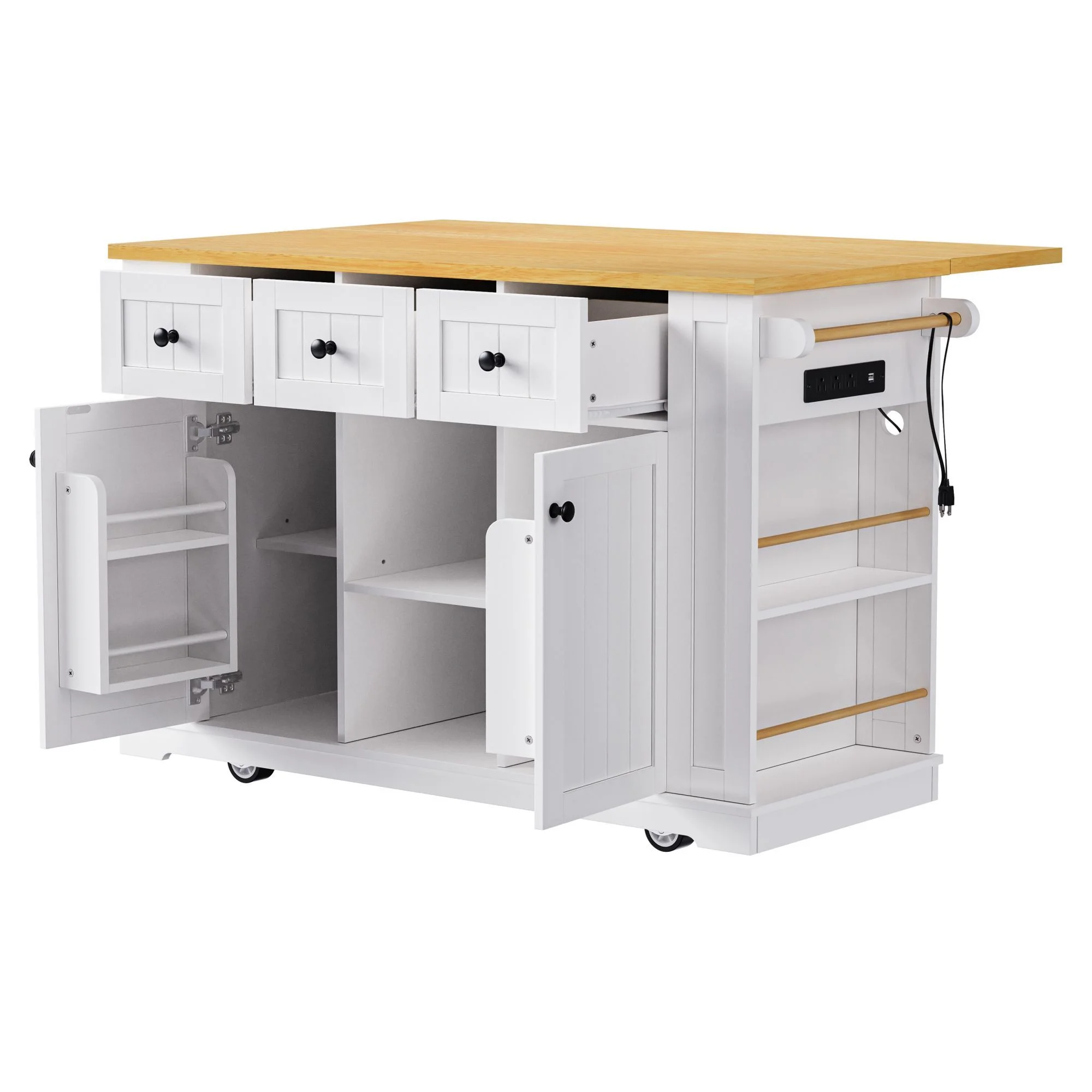 DEALTOPS 53 inch Large Kitchen Island with Drop Leaf, Power Outlet,Rolling Kitchen Storage Cart for Kitchen, Dining Room-White