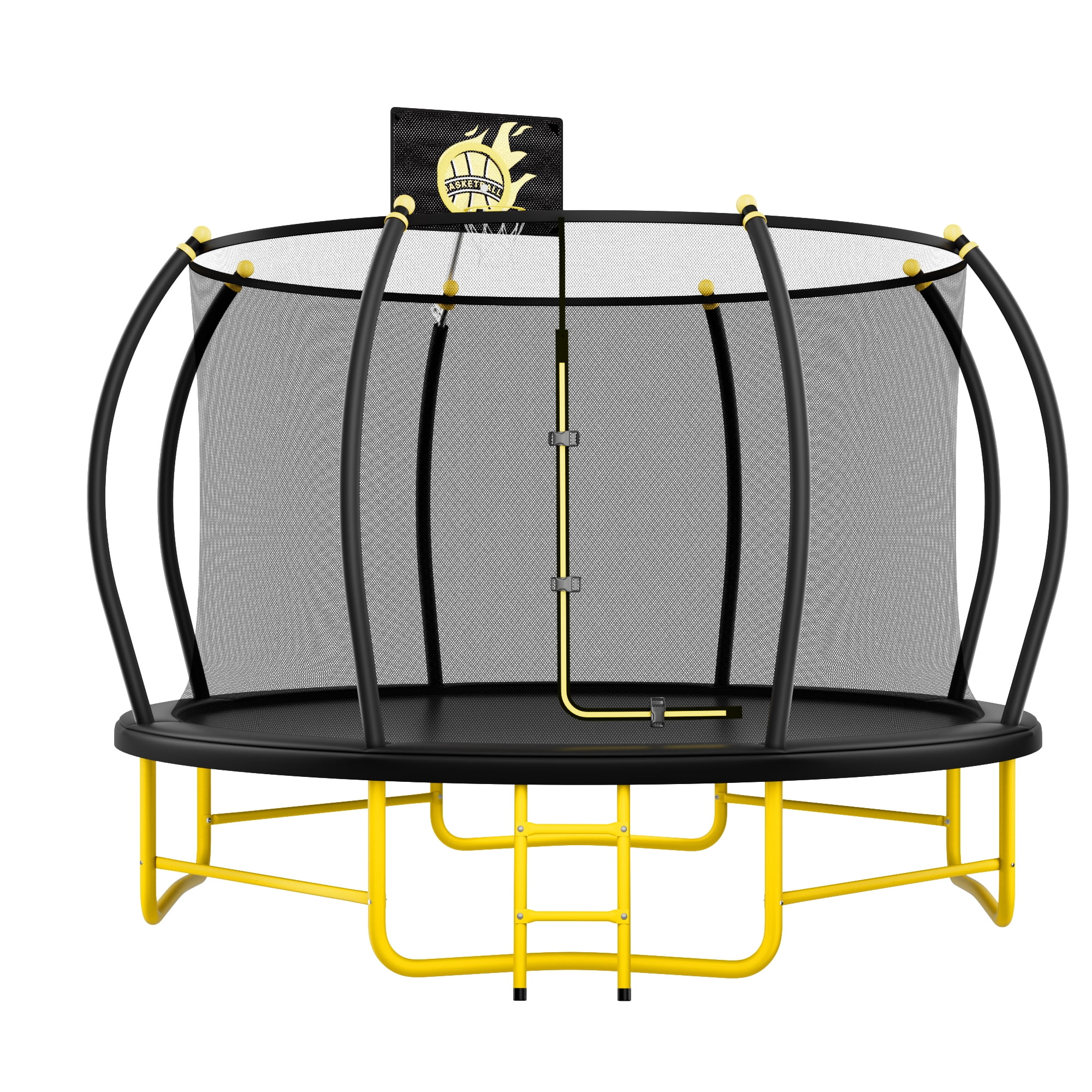 14FT Outdoor Trampoline with Balance Bar, Pumpkin Trampolines with No Screws Installation Frame, Curved Poles& Basketball Hoop