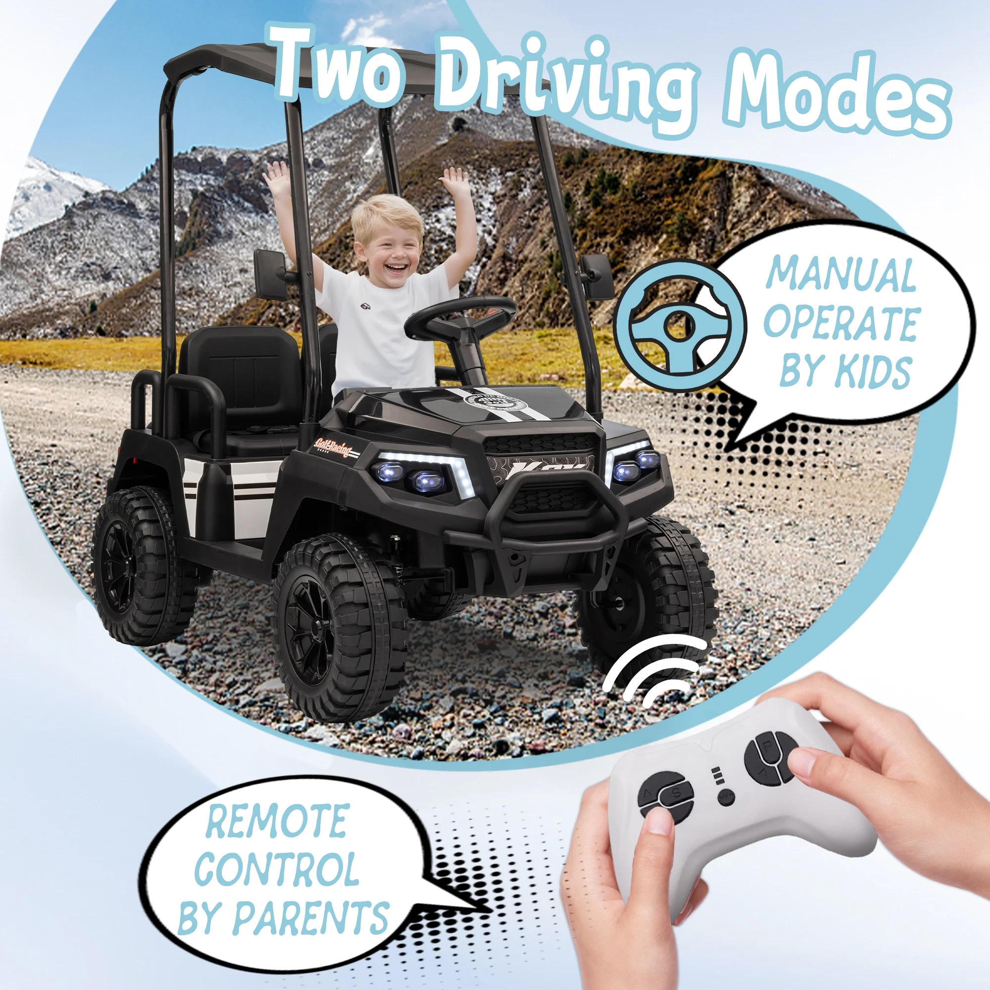24V XL Kids Ride on Golf Cart, Electric Car w/Remote Control, Detachable Awning, 4 Seats, 3 Speeds, LED Lights, Spring Suspension, Bluetooth, Audio, Blue