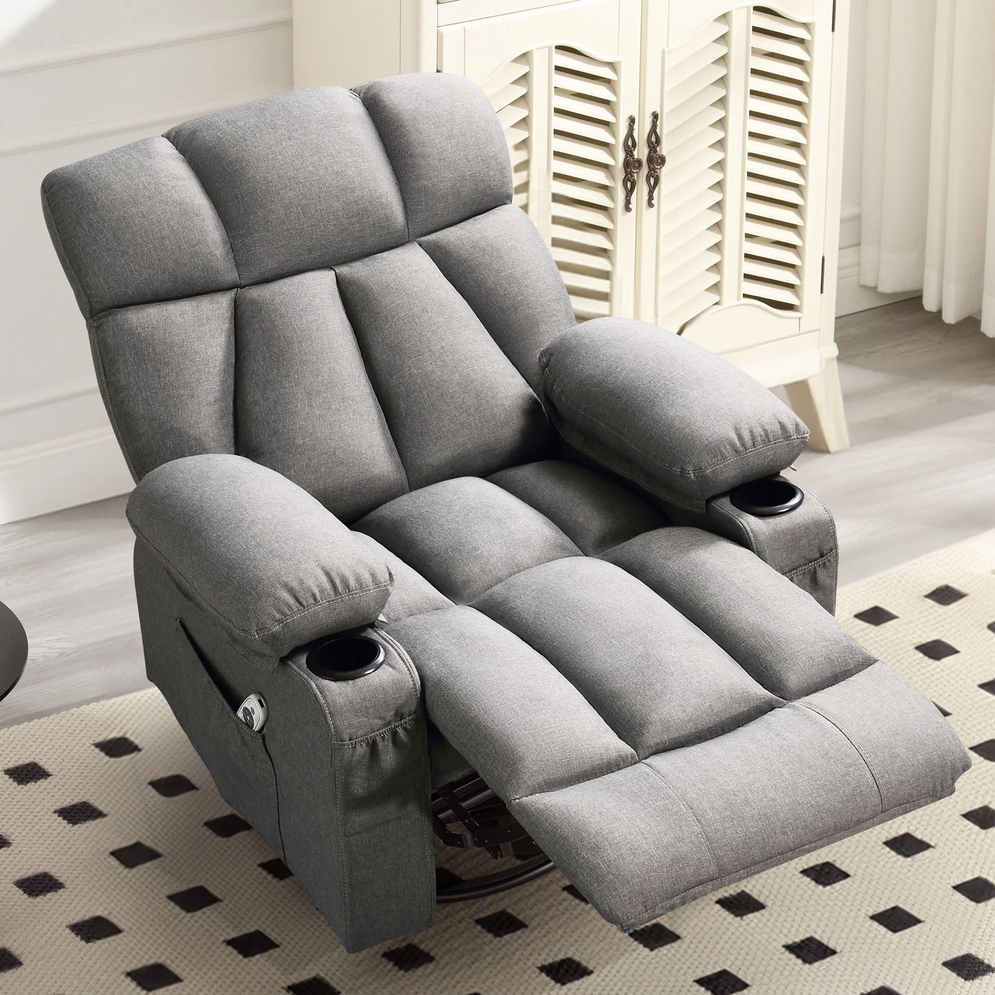JONPONY Manual Recliner Chair with Heat Therapy and Massage Function, Heavy Duty Reclining Mechanism Massage Chair, Elderly Single Rocker Sofa with Cup Holders for Bedroom Home Theater,Grey
