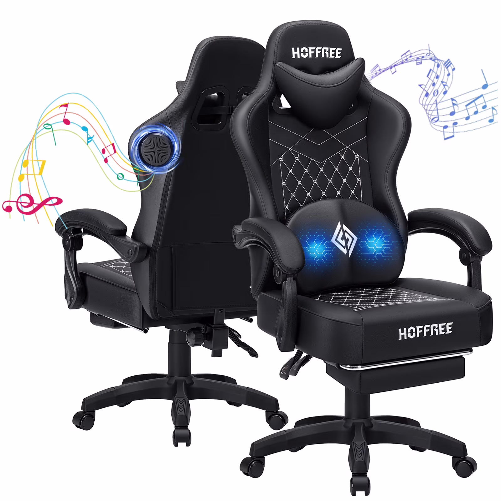 Hoffree Gaming Chair with Speakers PU Gamer Chair with footrest and massage Egonomic Computer Game Chair with Headrest and Lumbar Support for Adults and Office Gaming, 440 LBS