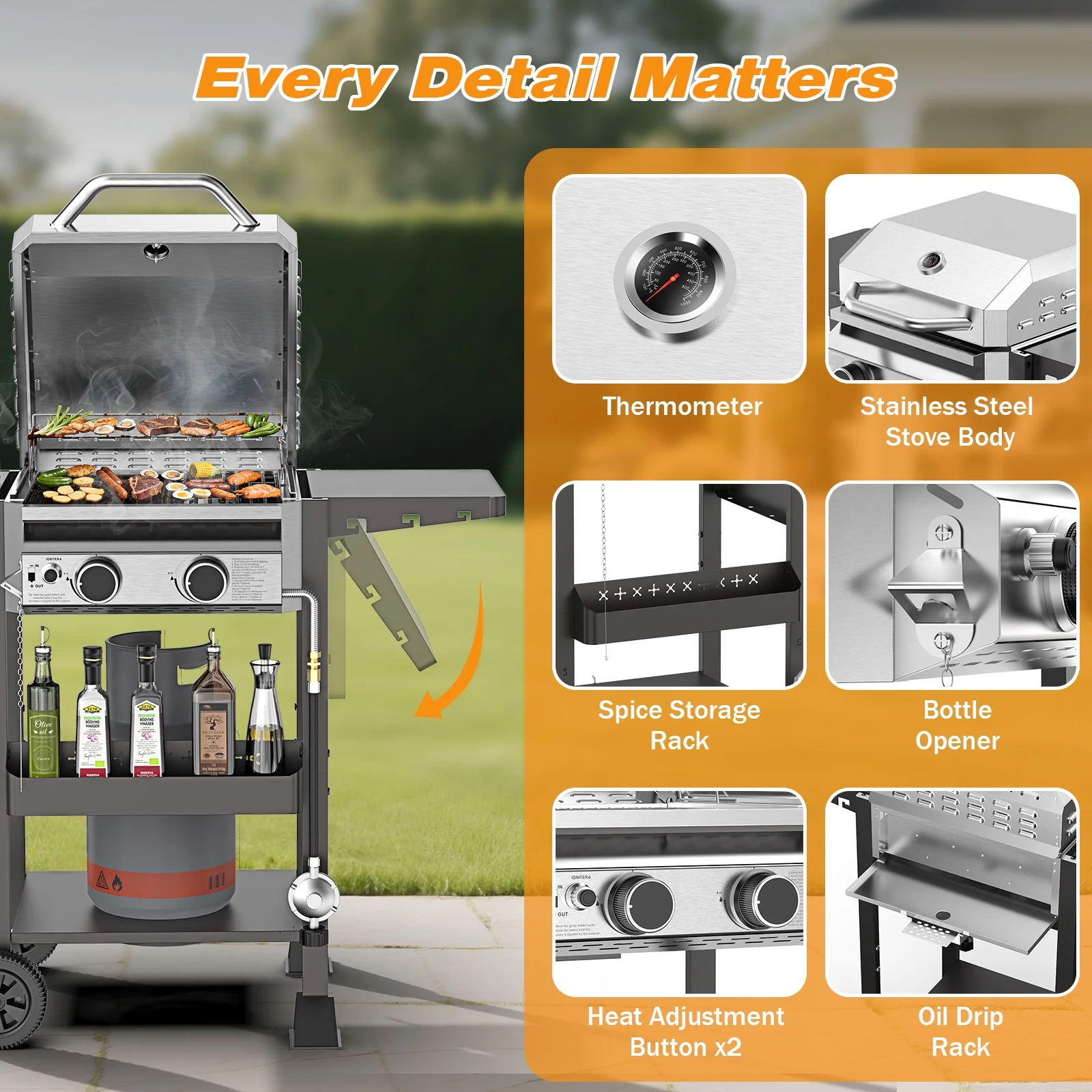 LHRIVER Stainless Steel 4 Burner Propane Gas Grill with Side Burner, Portable Outdoor Barbecue Grill, 45,000 BTU