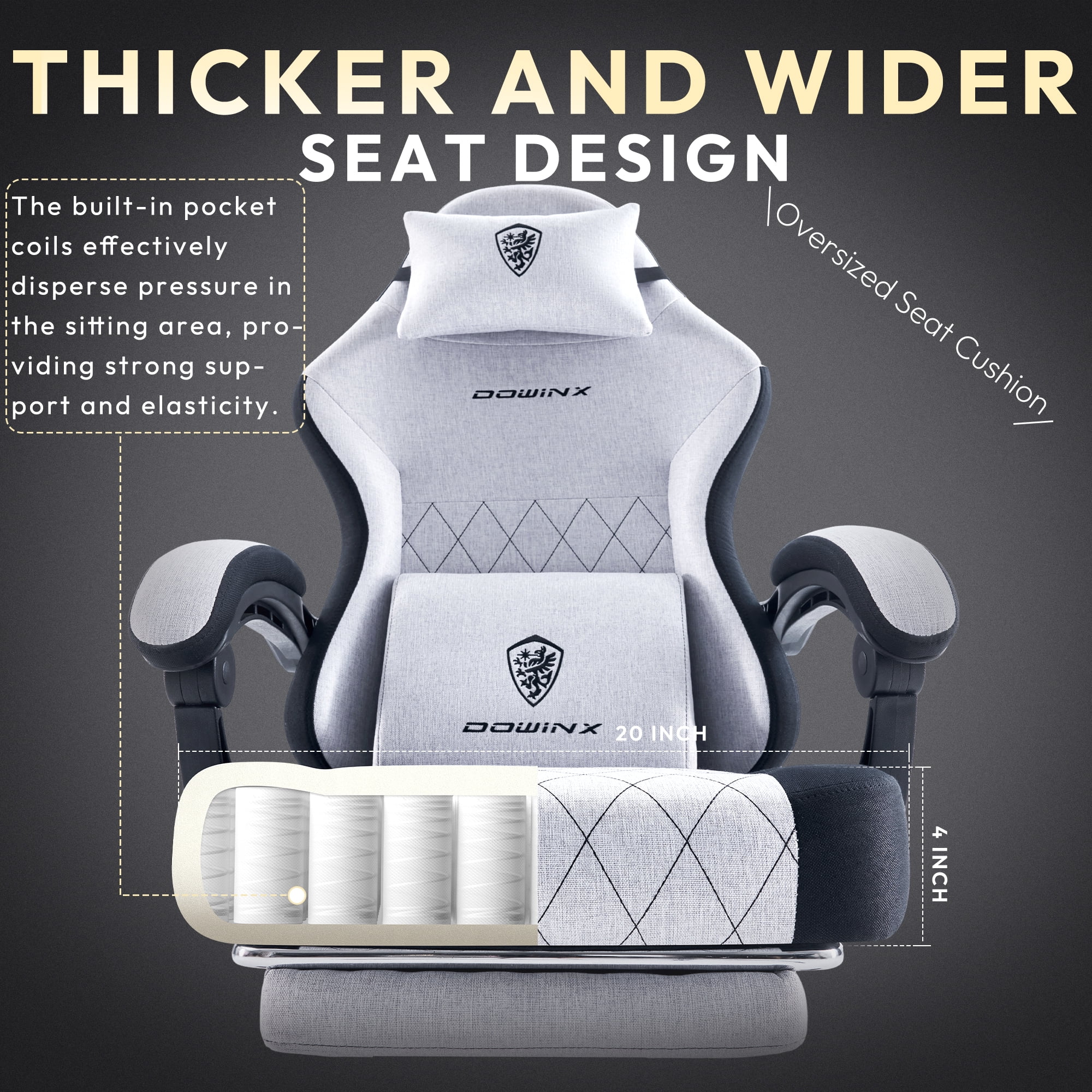 Dowinx Fabric Gaming Chair with Massage Lumbar Support, High Back Ergonomic Computer Chair with Footrest for Adult, Black